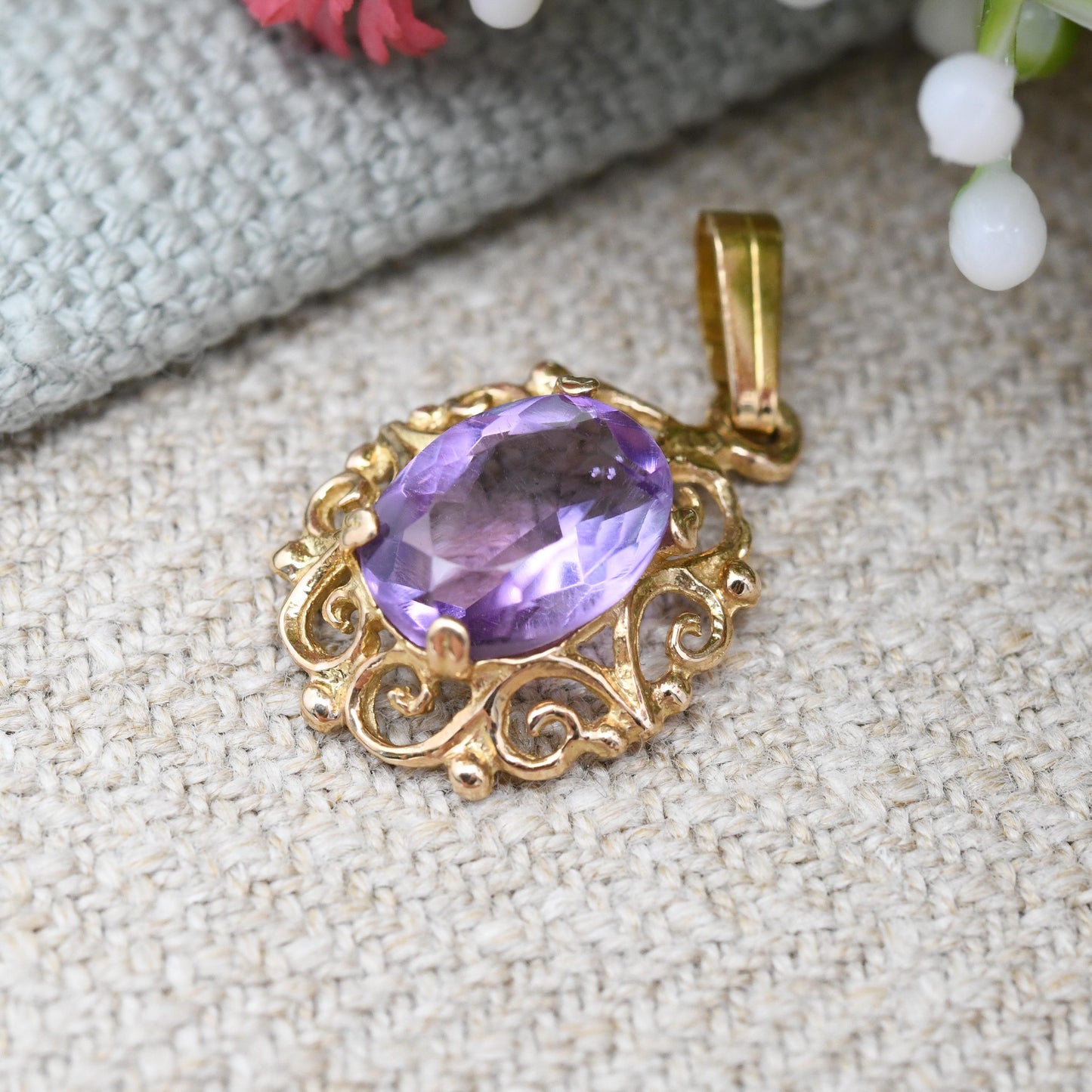 Vintage Ornate 9ct Gold Amethyst Pendant 1979 - Pretty Gold Gift for Her | Mid-Century Antique Revival | Large Purple Stone