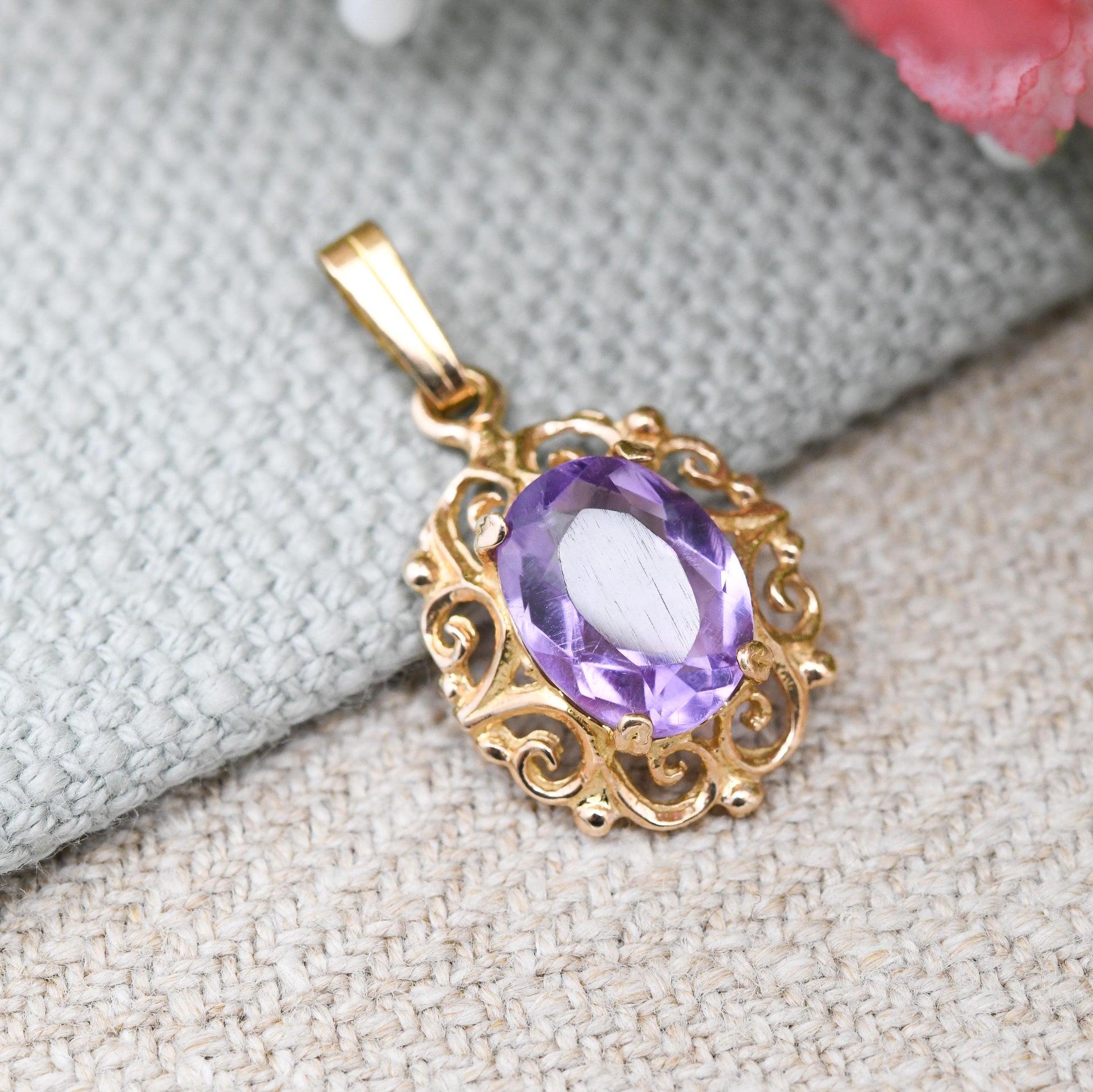 Vintage Ornate 9ct Gold Amethyst Pendant 1979 - Pretty Gold Gift for Her | Mid-Century Antique Revival | Large Purple Stone