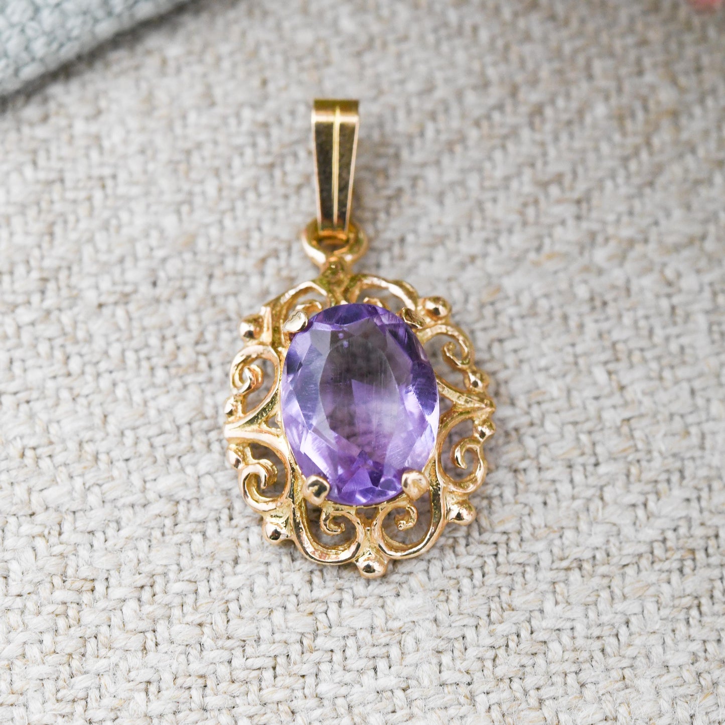 Vintage Ornate 9ct Gold Amethyst Pendant 1979 - Pretty Gold Gift for Her | Mid-Century Antique Revival | Large Purple Stone