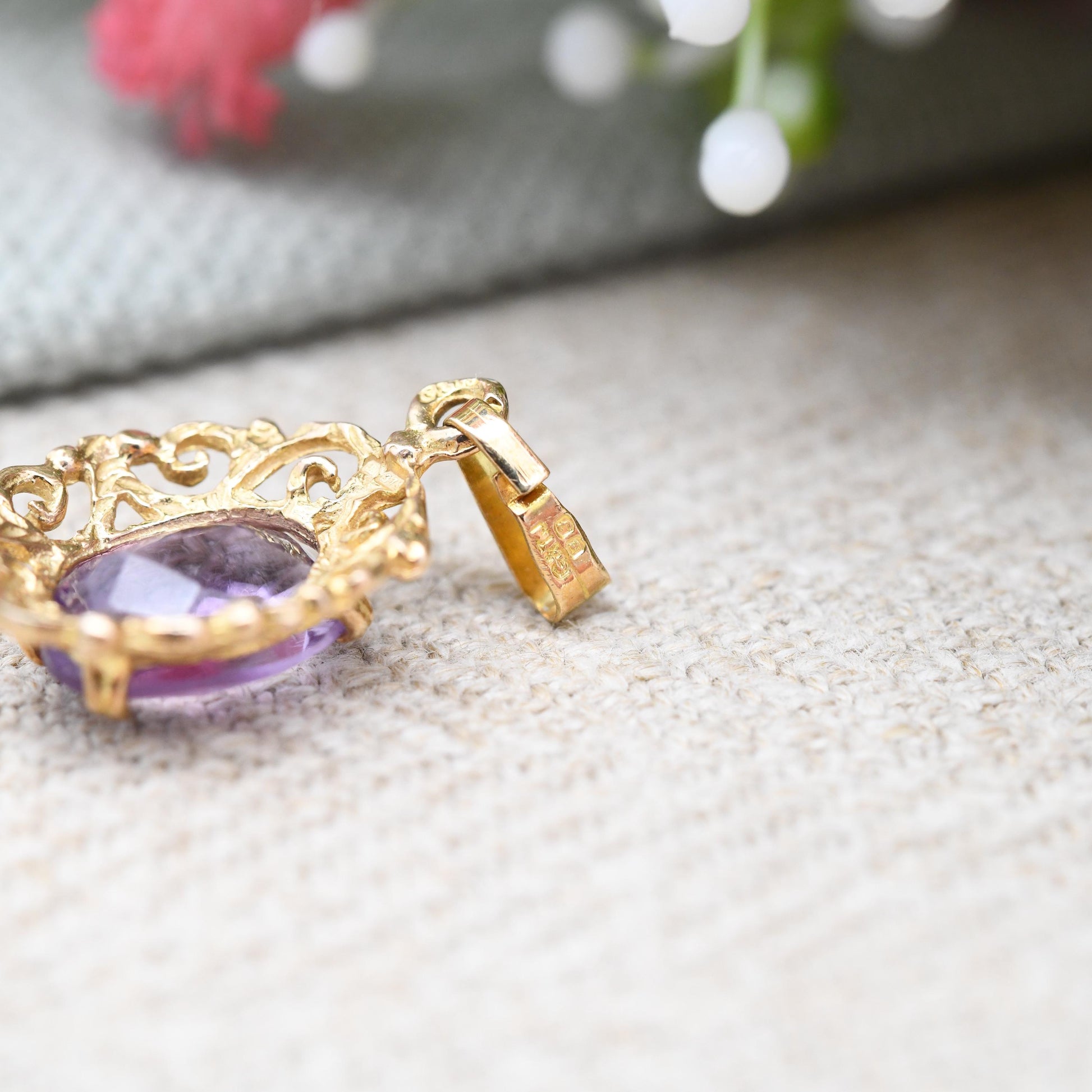 Vintage Ornate 9ct Gold Amethyst Pendant 1979 - Pretty Gold Gift for Her | Mid-Century Antique Revival | Large Purple Stone