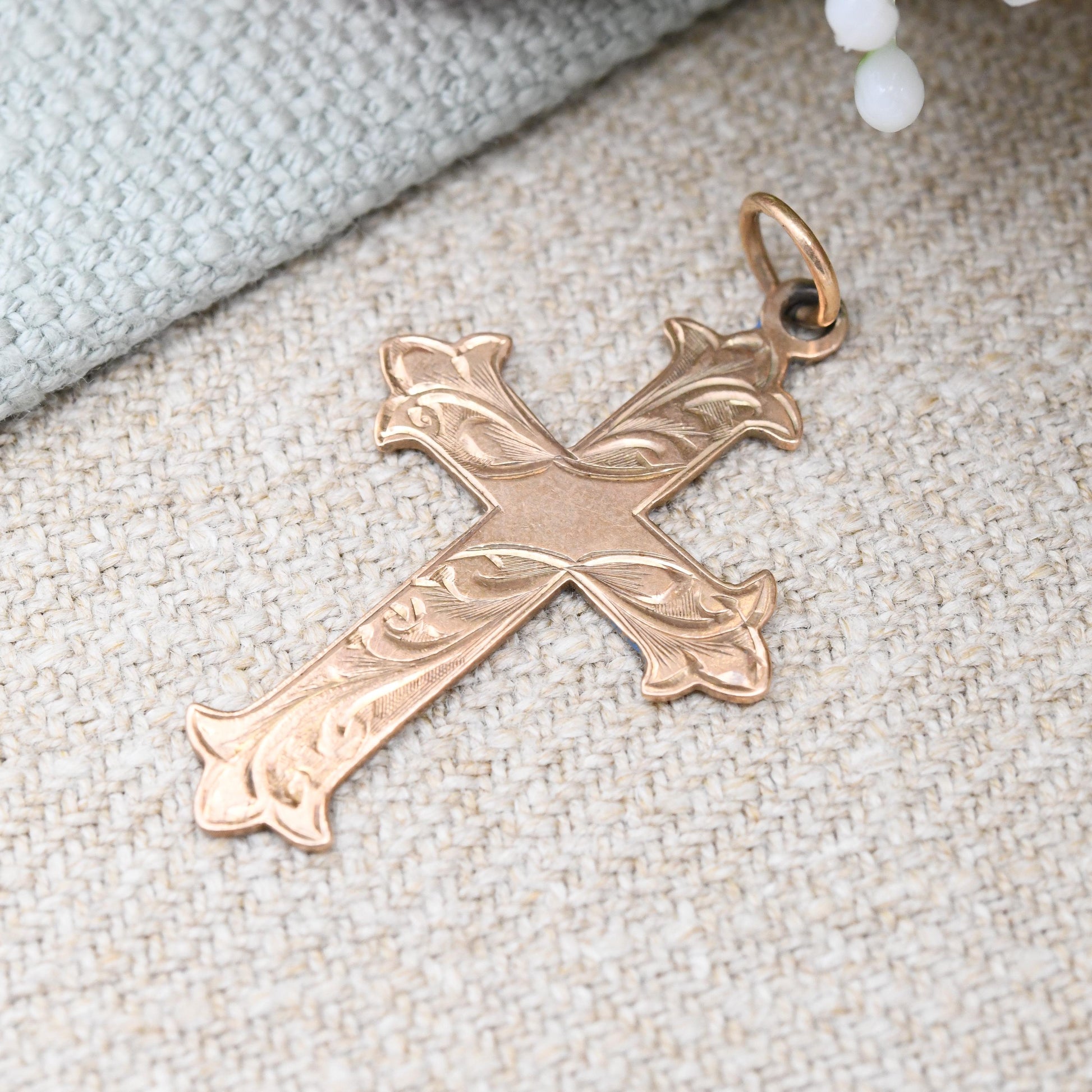 Antique 9ct Gold Cross Pendant 1918 Chester Hallmarks - Scrolling Engraving | Gift for Christening Baptism | Antique Rose Gold