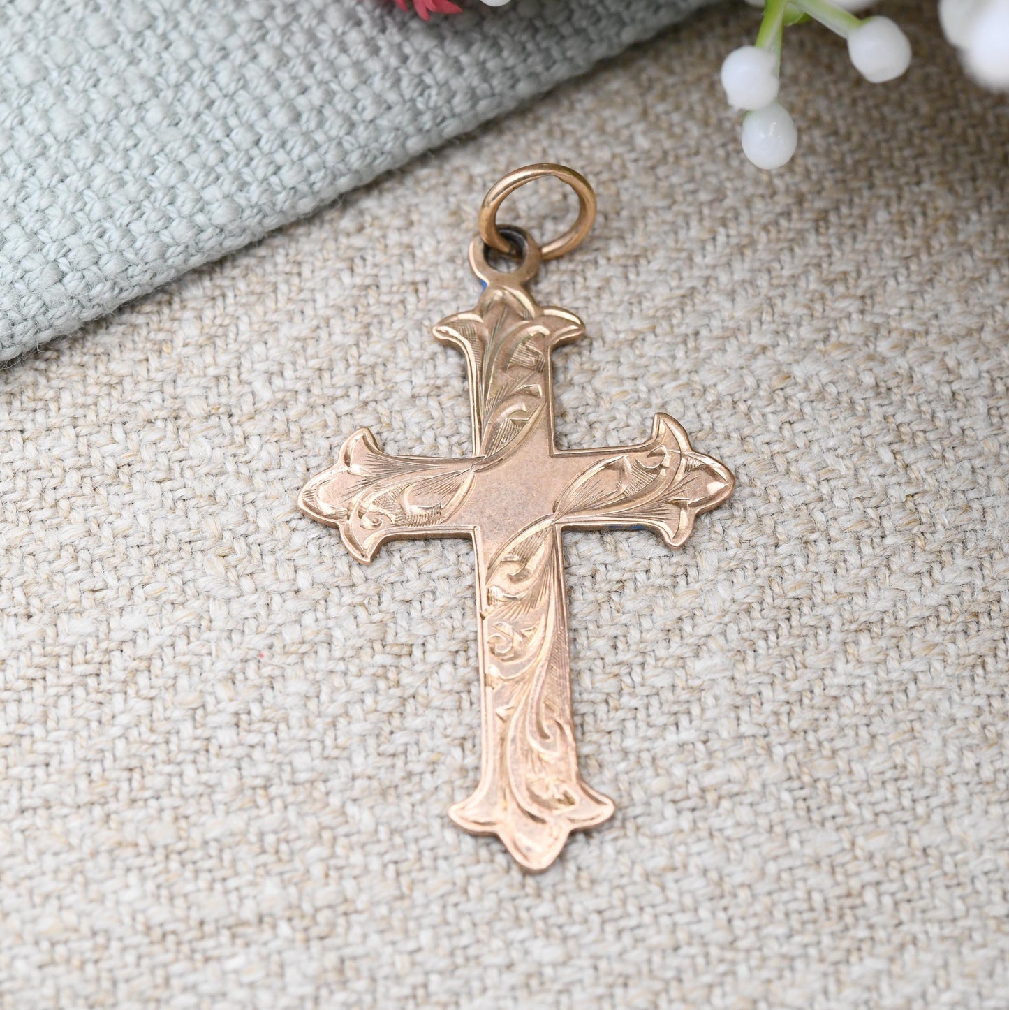 Antique 9ct Gold Cross Pendant 1918 Chester Hallmarks - Scrolling Engraving | Gift for Christening Baptism | Antique Rose Gold