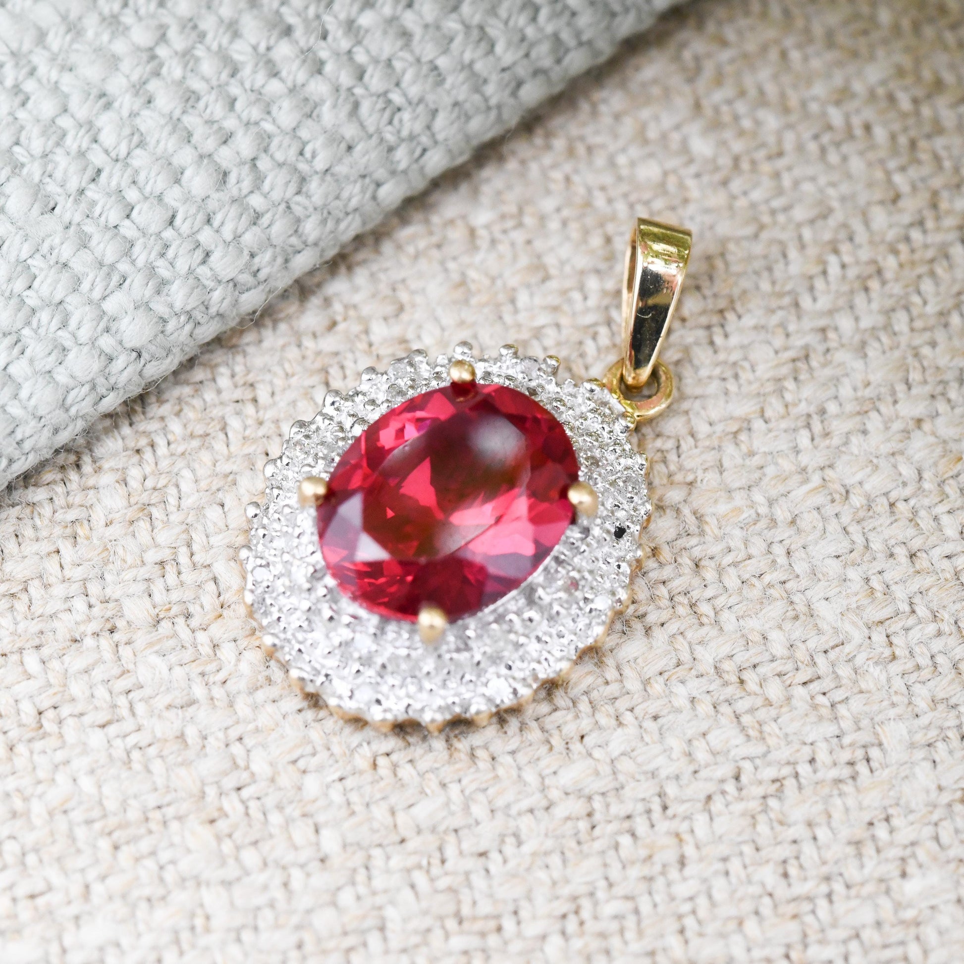 Vintage 9ct Gold Ruby and Diamond Pendant Double Halo Cluster - Pretty Gold Gift for Her | Antique Style | Large Faceted Red Stone