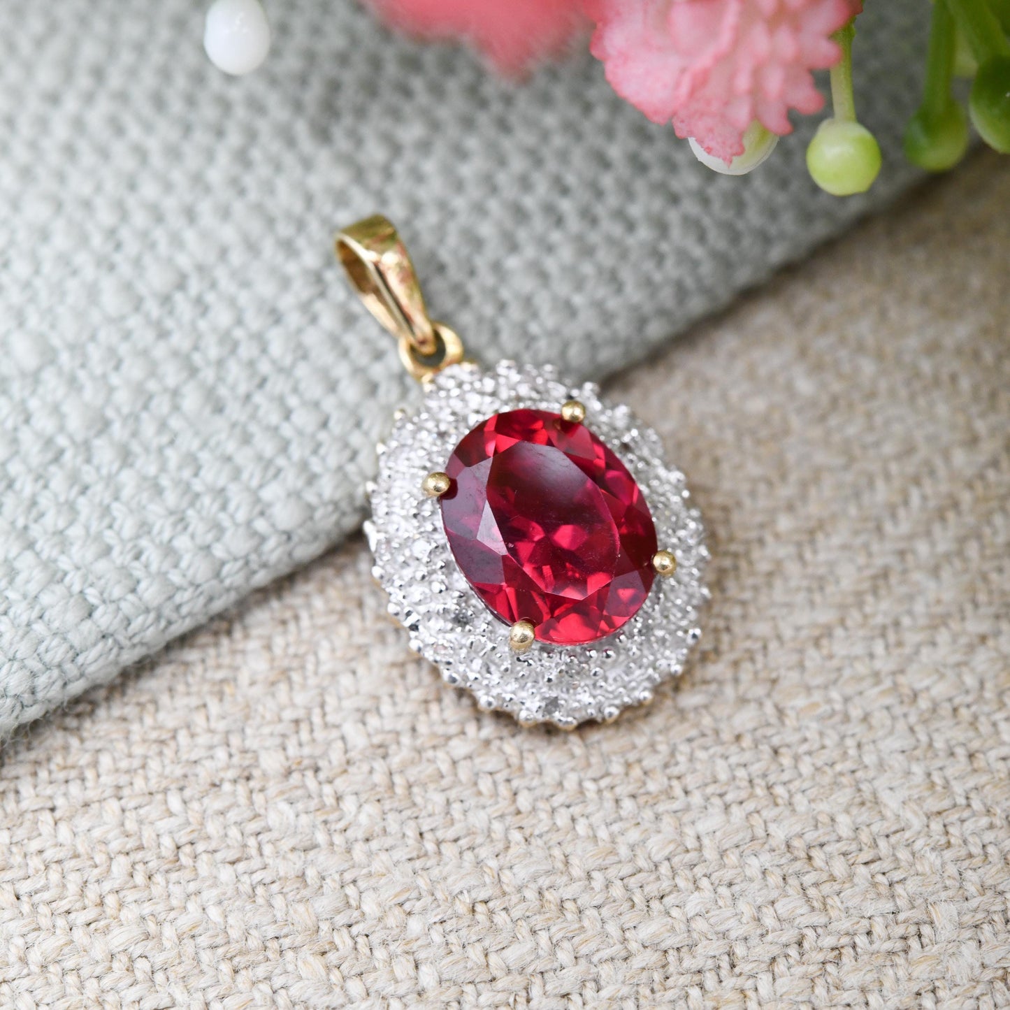 Vintage 9ct Gold Ruby and Diamond Pendant Double Halo Cluster - Pretty Gold Gift for Her | Antique Style | Large Faceted Red Stone