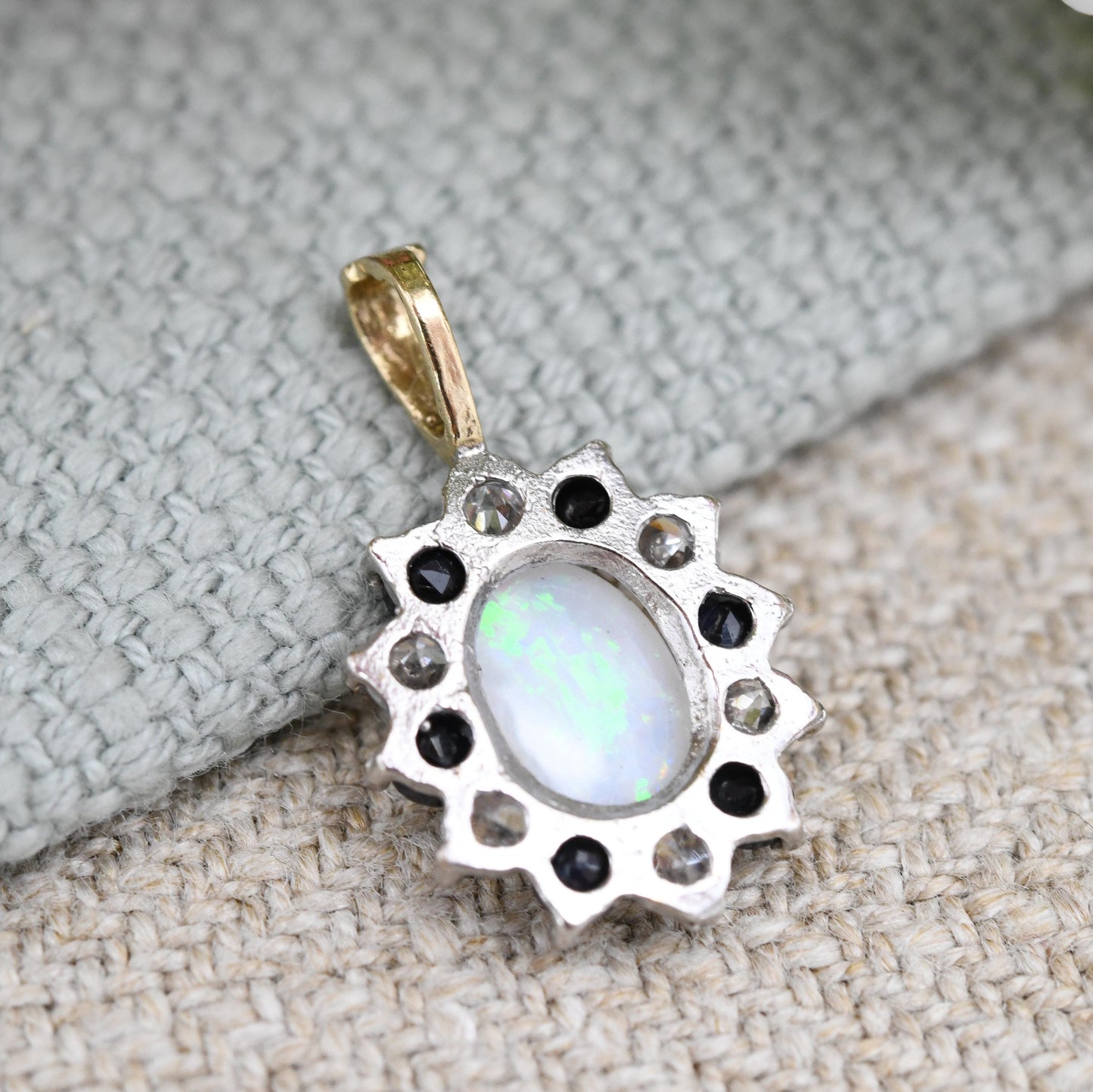 Vintage 9ct Gold Opal Sapphire CZ Pendant - Halo Floral Cluster | Small Solid Gold Charm | Pretty Gift for Her