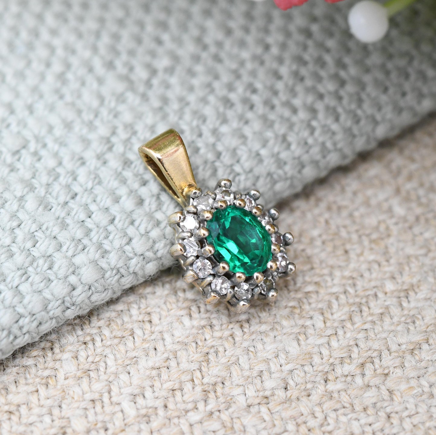 Vintage 9ct Gold Green Stone Halo Pendant 1993 - Miniature Charm for Necklace Stack | Antique Style