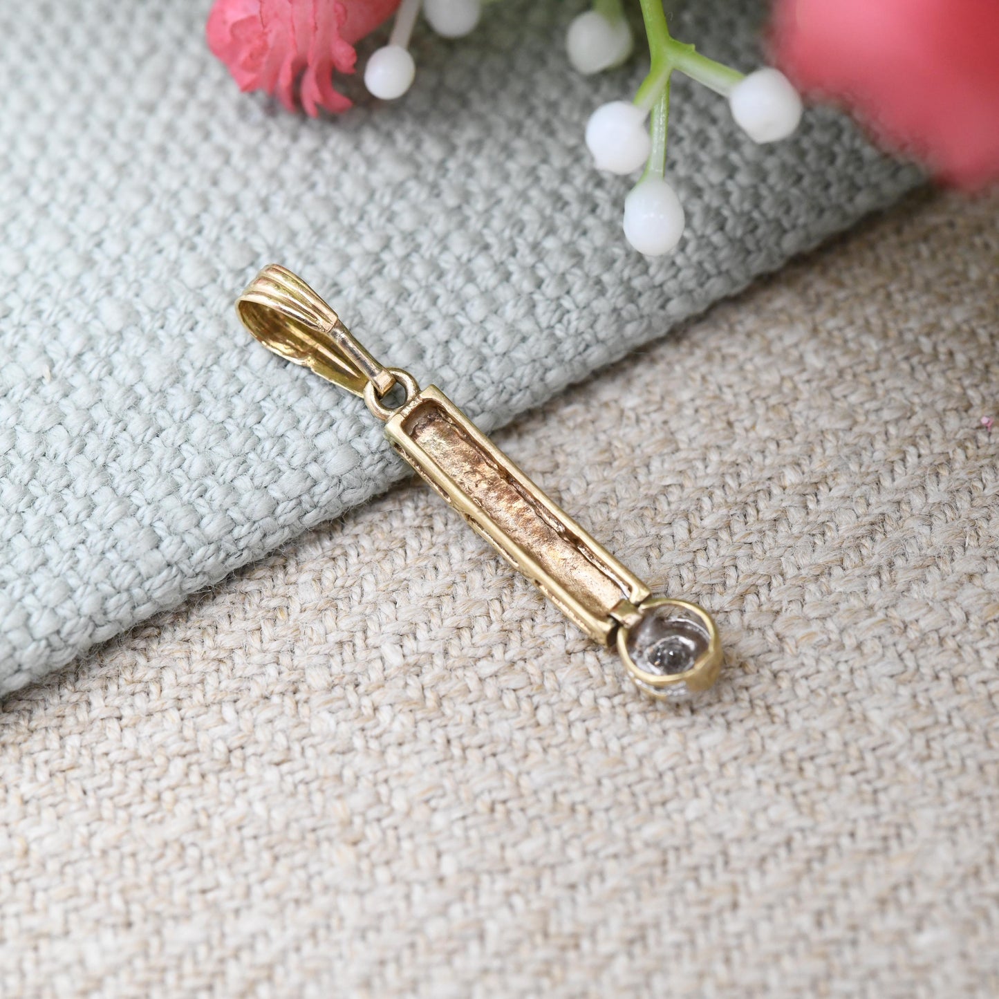 Vintage 9ct Gold Diamond Bar Pendant with Articulated Drop - Solid Gold Minimalist Gift for Her