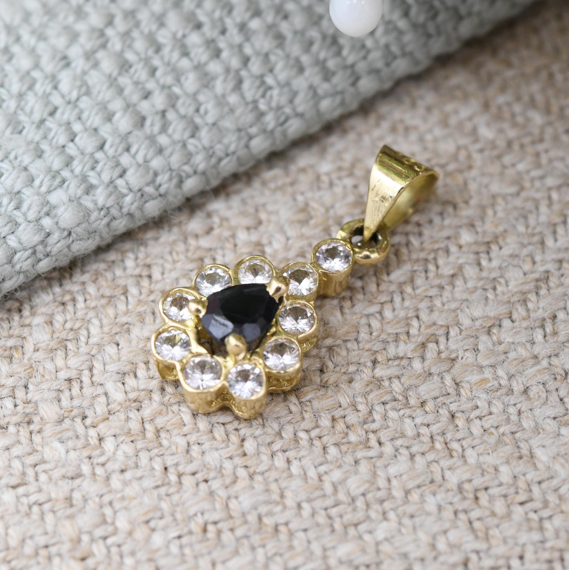 Vintage 14ct Gold Sapphire Teardrop Pendant with CZ - Miniature Sparkly Solid Gold Charm | Pretty Gift for Her