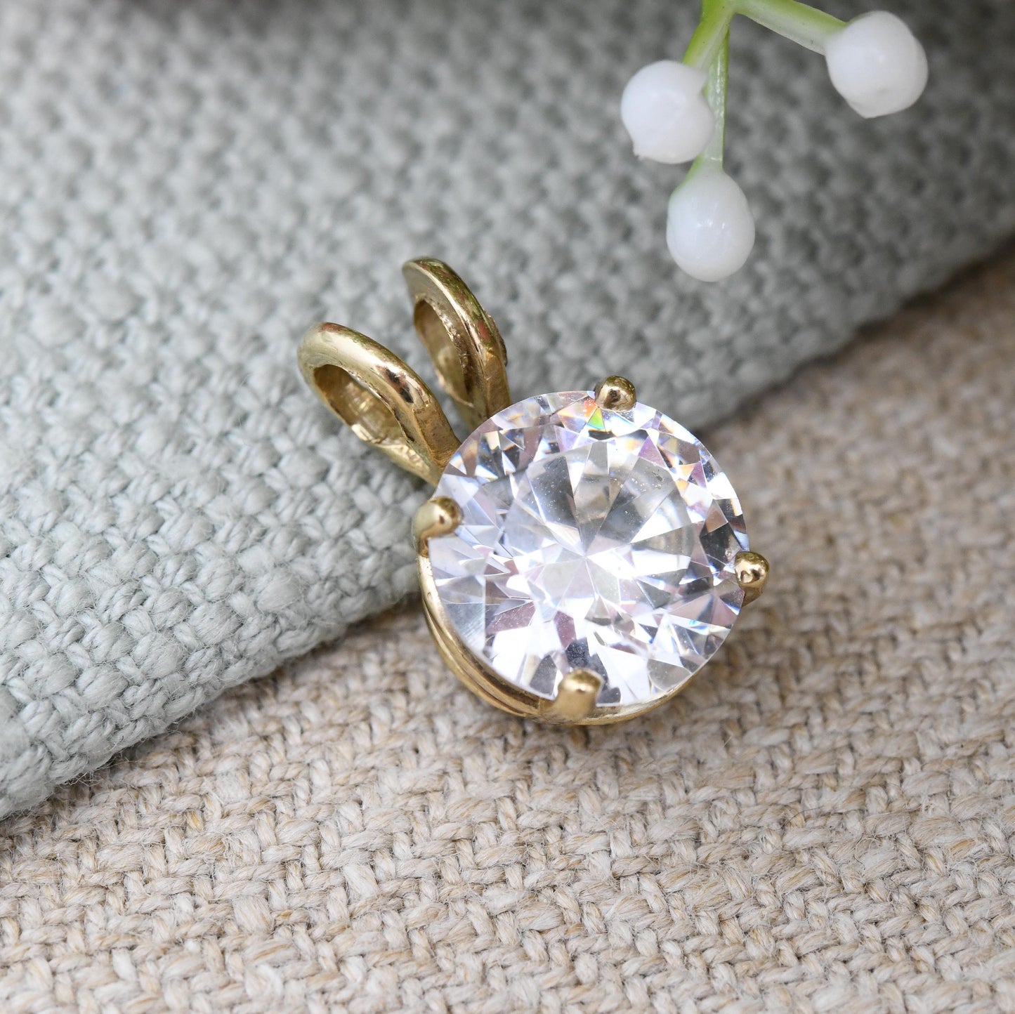 Vintage 9ct Gold Cubic Zirconia Pendant - Large Round Sparkly Stone | Gift for Her