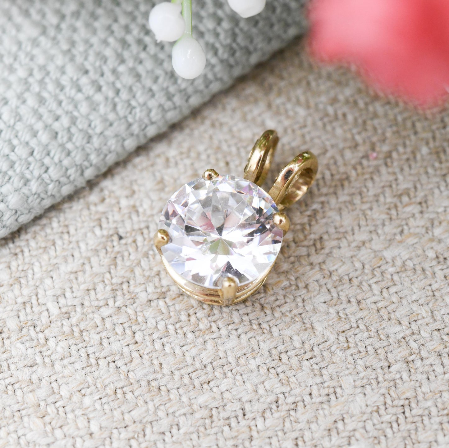 Vintage 9ct Gold Cubic Zirconia Pendant - Large Round Sparkly Stone | Gift for Her