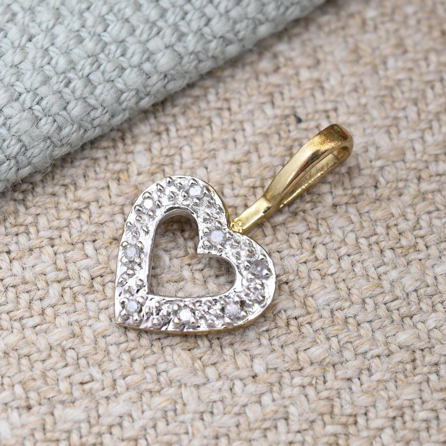 Vintage 9ct Gold Diamond Heart Pendant - Two-Tone Yellow Gold White Gold | Sweet Gift for Her | Charm Necklace Stack