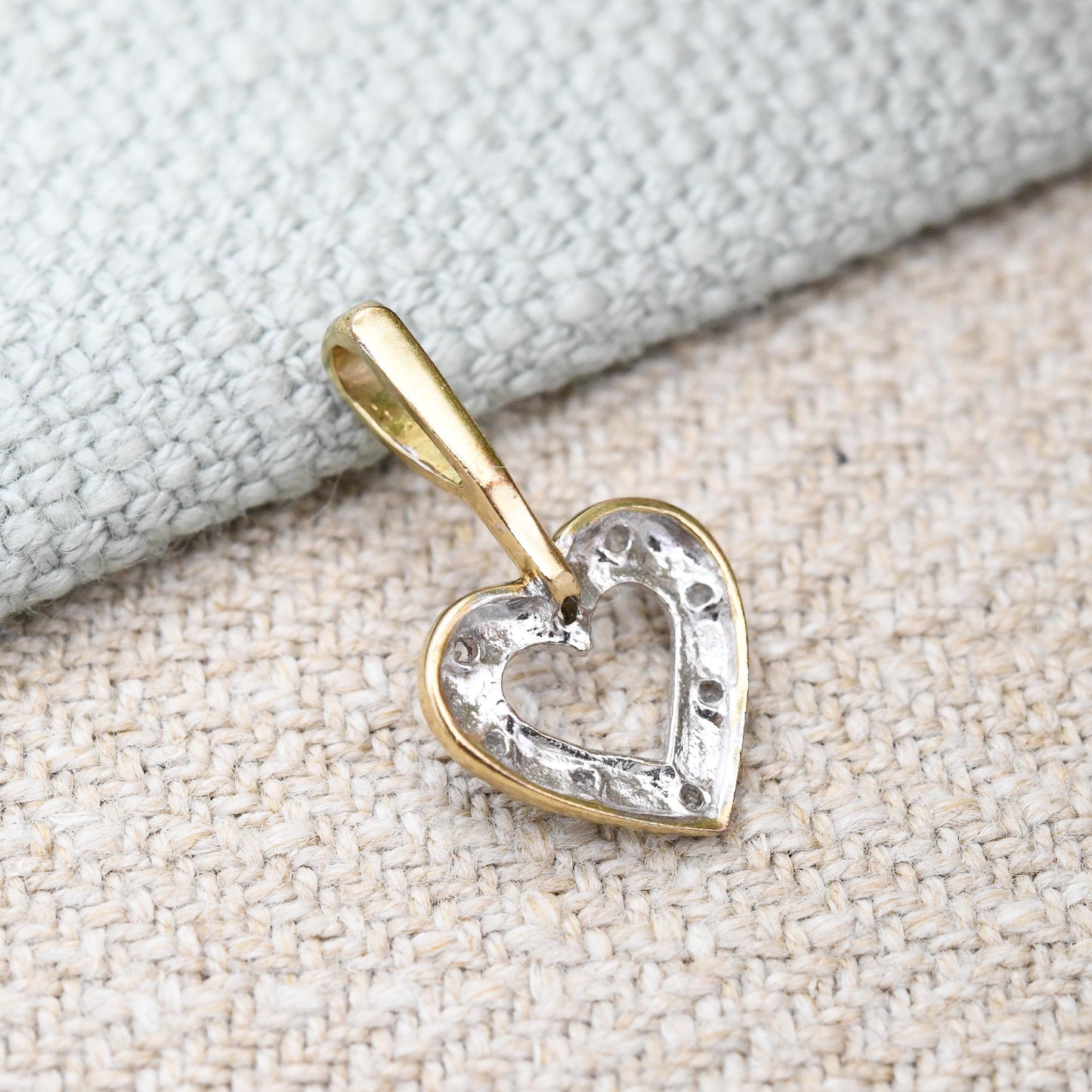 Vintage 9ct Gold Diamond Heart Pendant - Two-Tone Yellow Gold White Gold | Sweet Gift for Her | Charm Necklace Stack