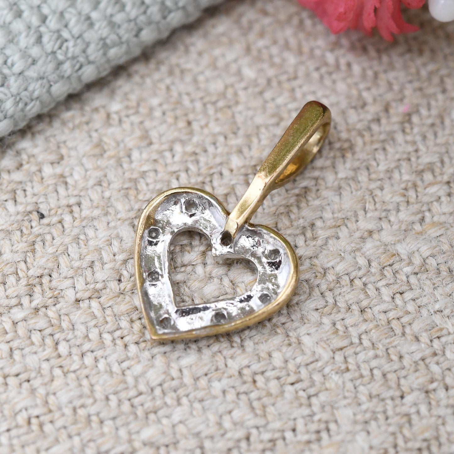 Vintage 9ct Gold Diamond Heart Pendant - Two-Tone Yellow Gold White Gold | Sweet Gift for Her | Charm Necklace Stack