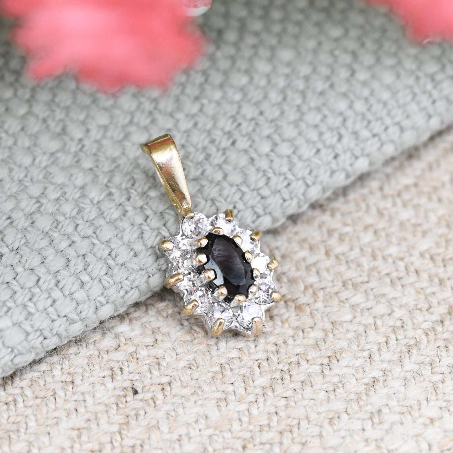 Vintage 9ct Gold Sapphire Cluster Pendant - Mid-Century Miniature Sparkly Charm | Pretty Solid Gold Gift for Her