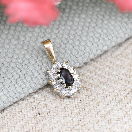 Vintage 9ct Gold Sapphire Cluster Pendant - Mid-Century Miniature Sparkly Charm | Pretty Solid Gold Gift for Her