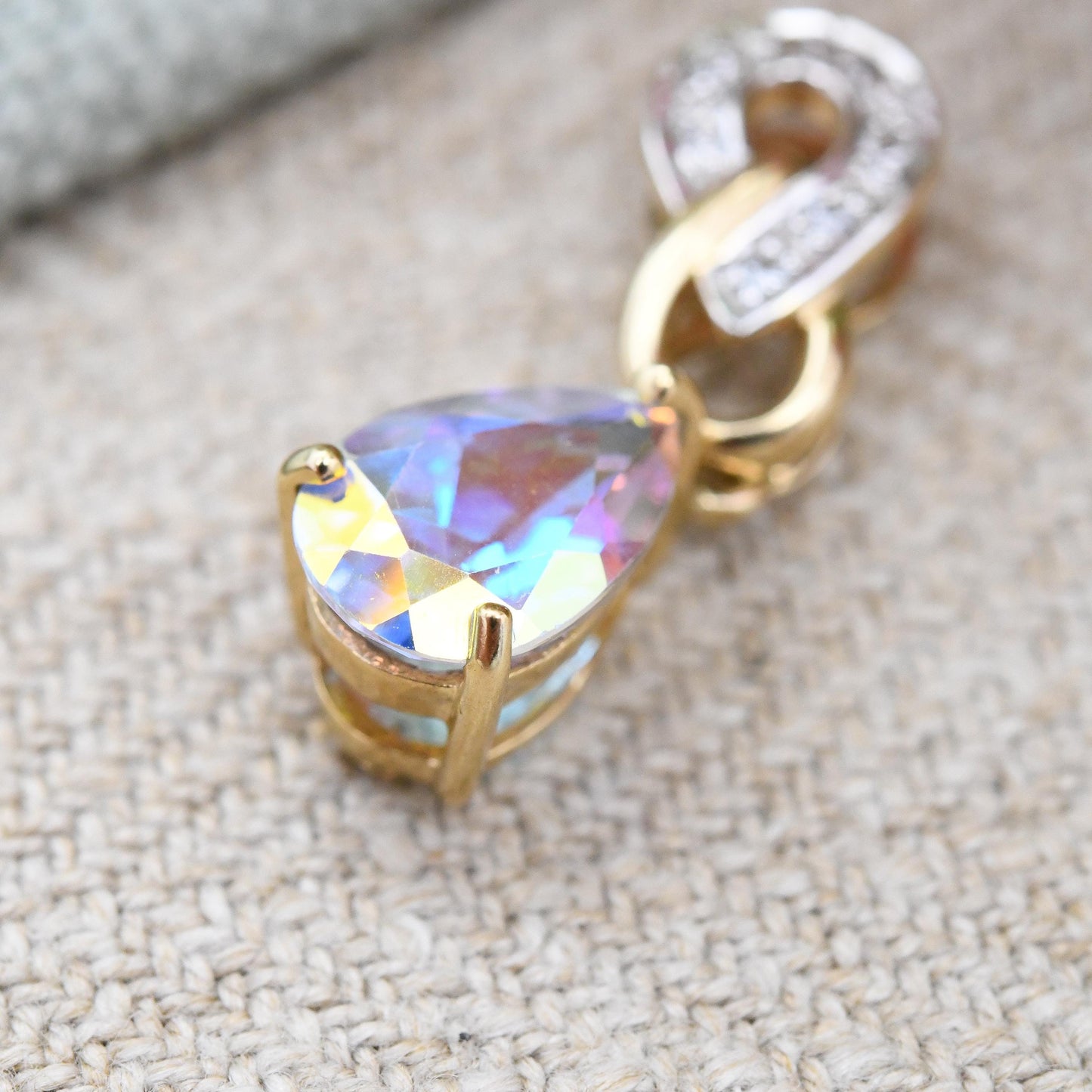 9ct Gold Aurora Borealis Crystal Pendant Articulated Drop - Pretty Gold Gift for Her | Faceted Rainbow Glass