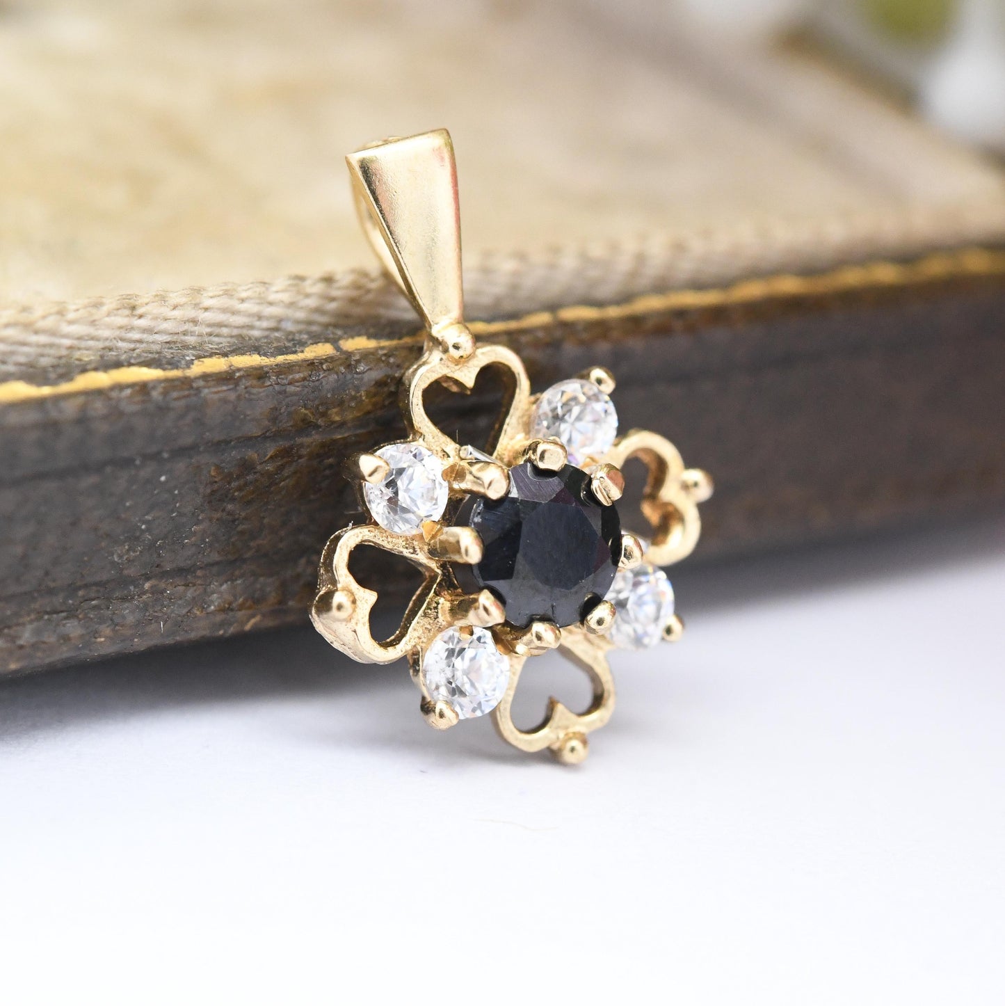 Vintage 9ct Gold Sapphire Flower Pendant with Cubic Zirconia and Love Hearts - Miniature Quatrefoil Cross Charm | Sweet Gift for Her