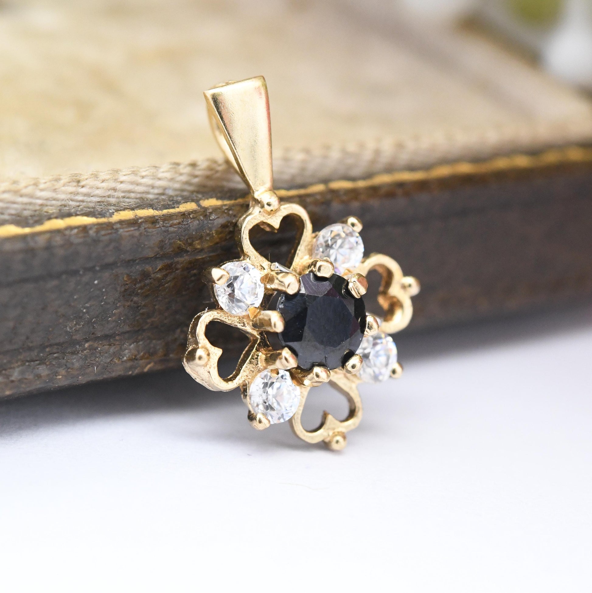 Vintage 9ct Gold Sapphire Flower Pendant with Cubic Zirconia and Love Hearts - Miniature Quatrefoil Cross Charm | Sweet Gift for Her