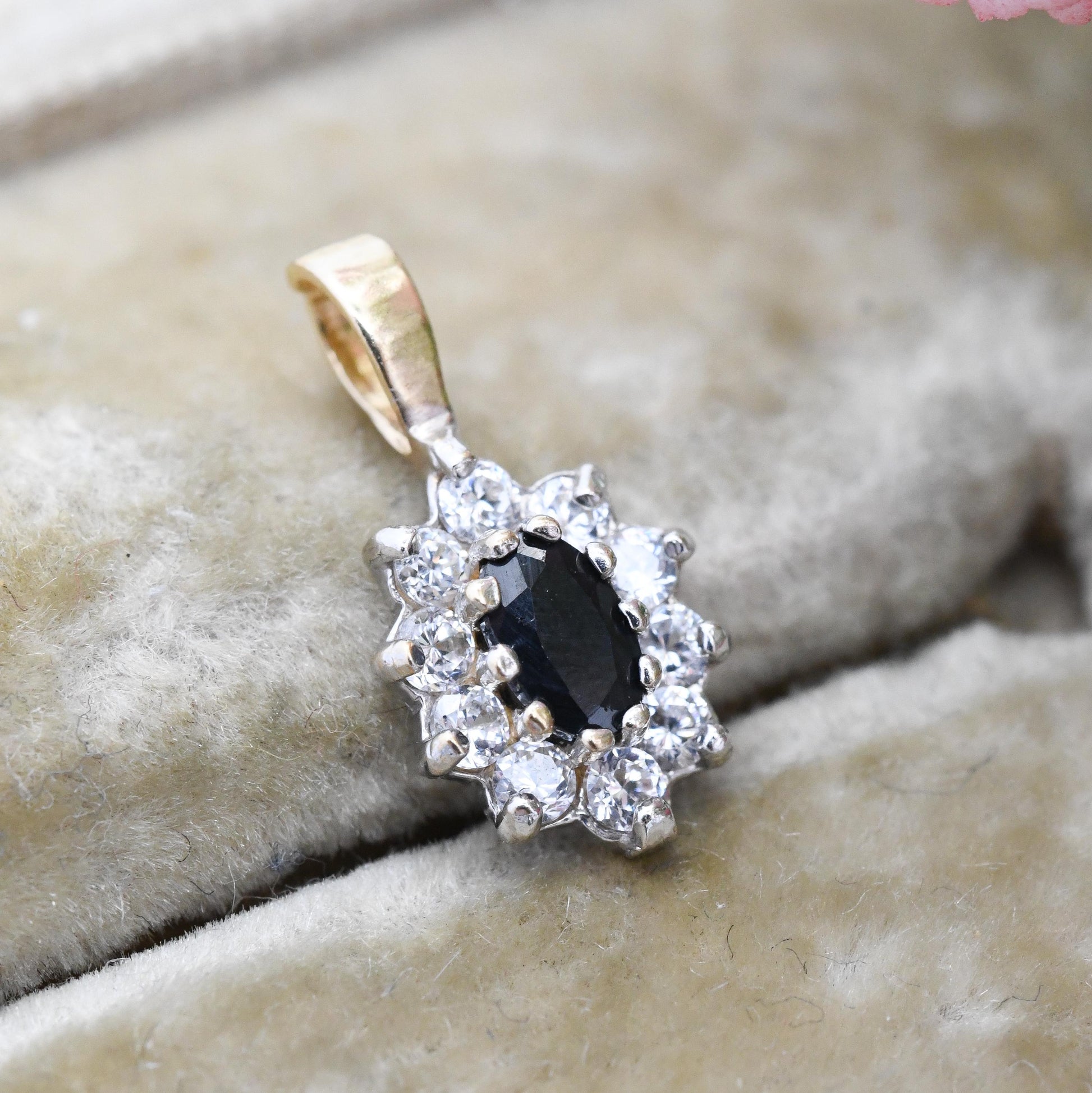 Vintage 9ct Gold Sapphire Cluster Pendant - Mid-Century Miniature Sparkly Charm | Pretty Solid Gold Gift for Her