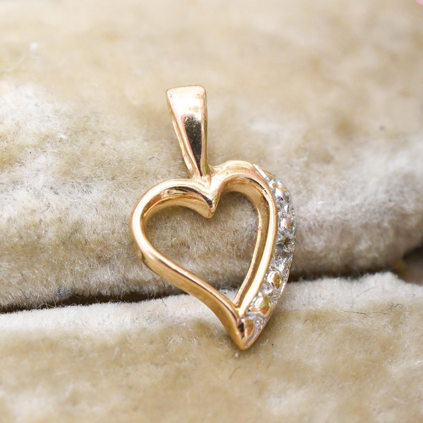 Vintage 9ct Gold Heart Pendant with Diamond - Small Open Love Heart Charm Gift for Her Necklace Stack