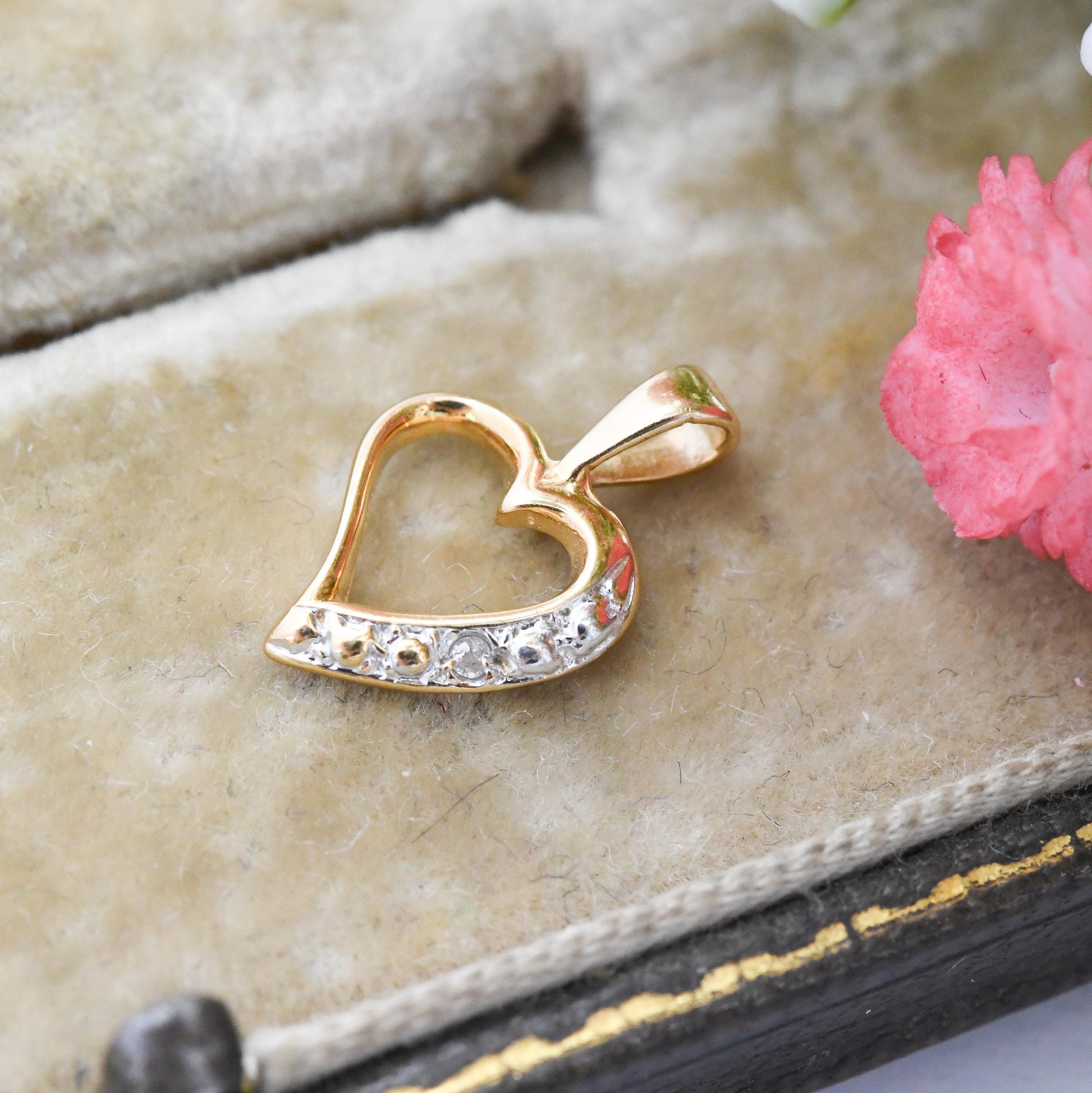 Vintage 9ct Gold Heart Pendant with Diamond - Small Open Love Heart Charm Gift for Her Necklace Stack