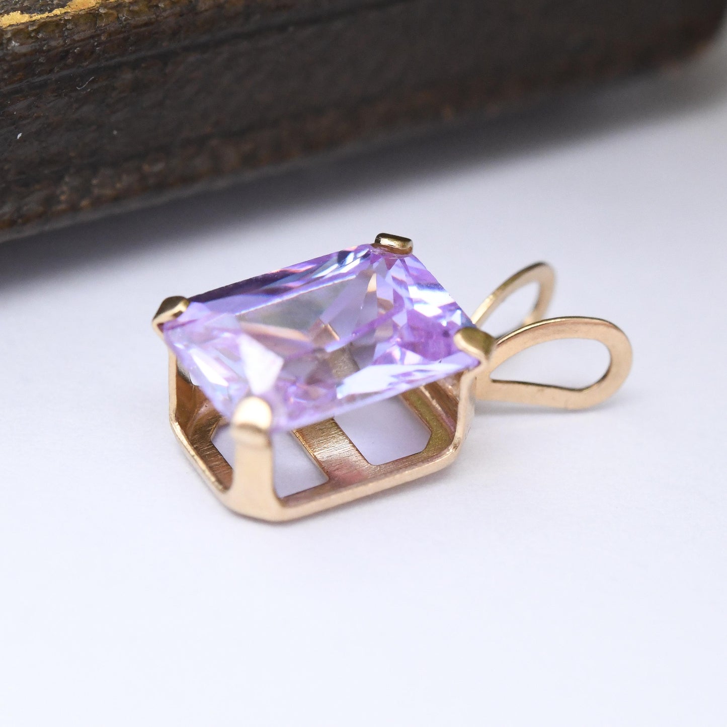 10ct Gold Pendant with Rectangle Purple Stone - Large Sparkly Stone | Pretty Gold Gift for Her | Charm Necklace Stack