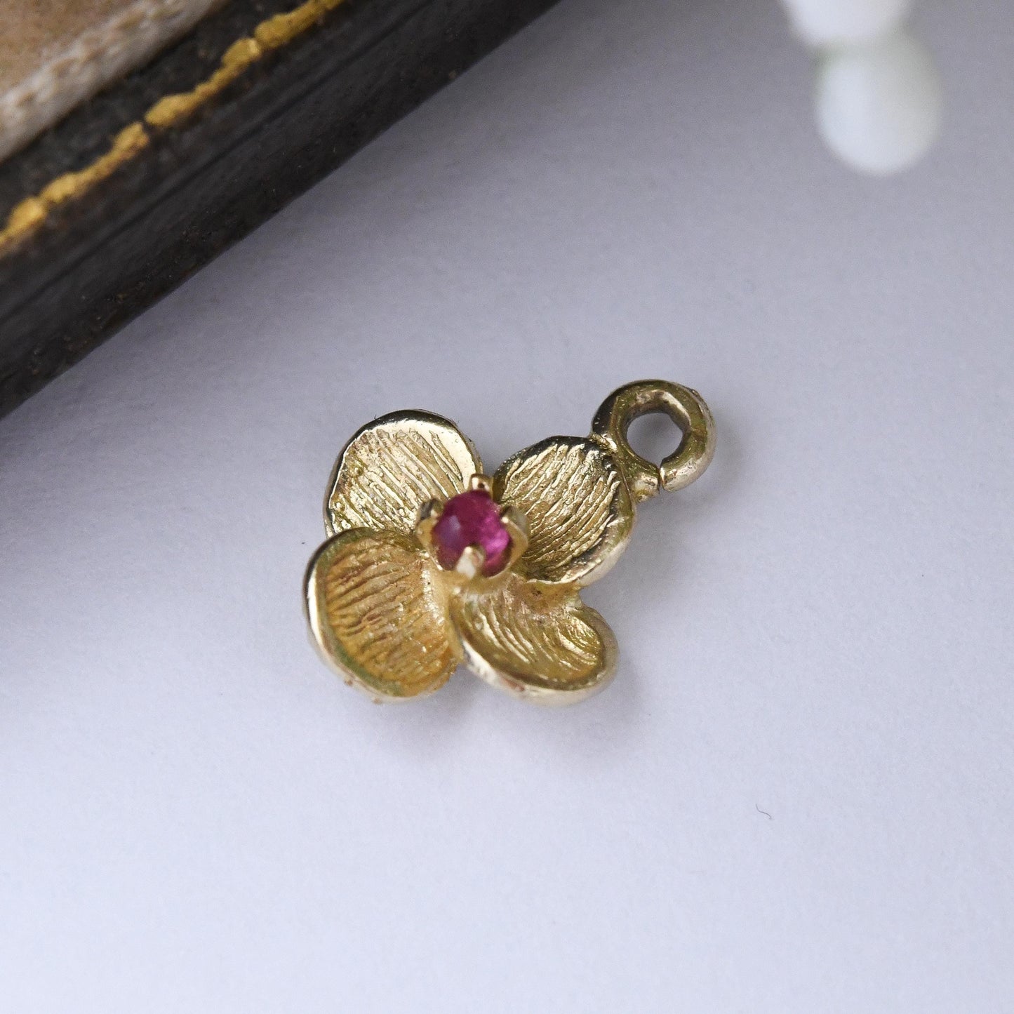 Vintage 9ct Gold Ruby Flower Pendant - Miniature Quatrefoil Floral Charm for Necklace Stack | Pretty Gift for Her