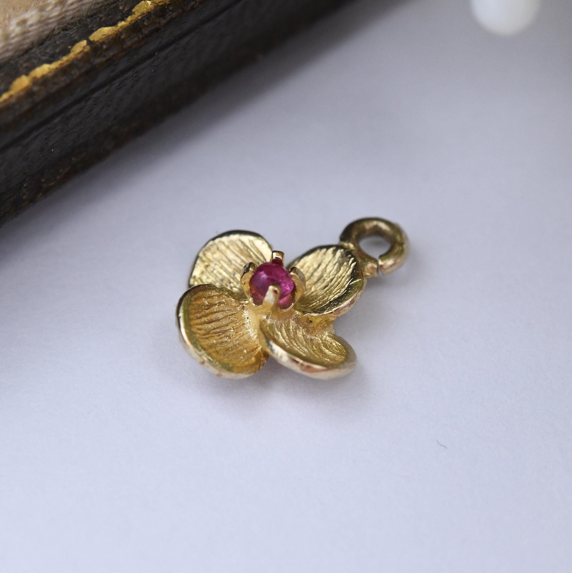 Vintage 9ct Gold Ruby Flower Pendant - Miniature Quatrefoil Floral Charm for Necklace Stack | Pretty Gift for Her