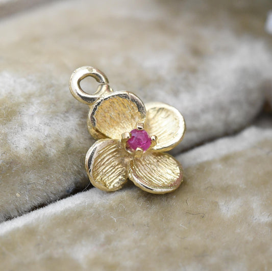 Vintage 9ct Gold Ruby Flower Pendant - Miniature Quatrefoil Floral Charm for Necklace Stack | Pretty Gift for Her