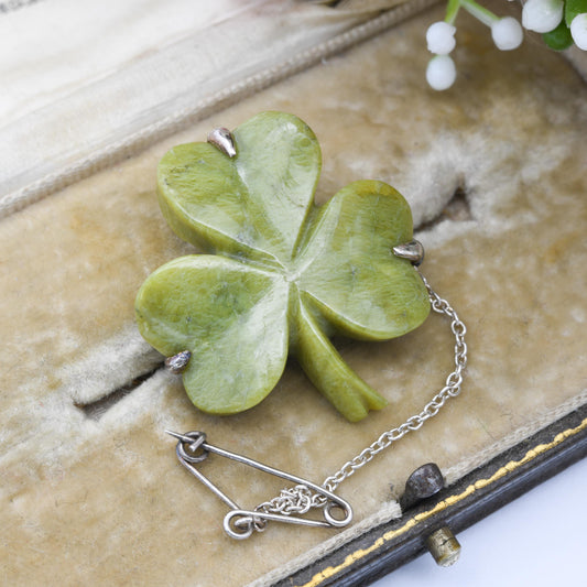 Antique Sterling Silver Connemara Marble Three Leaf Clover Brooch 1910 - Carved Irish Green Stone Lucky Shamrock | Edwardian Gemstone Gift