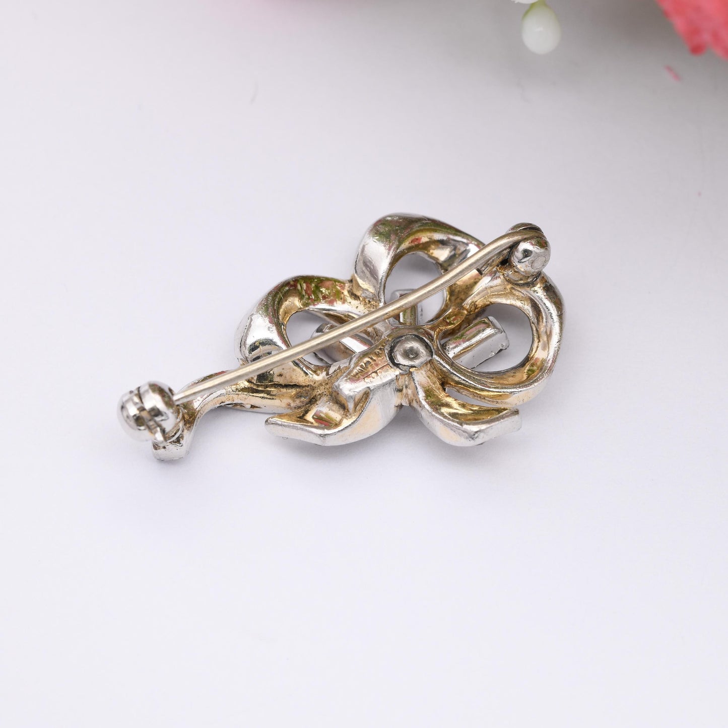 Vintage Rhinestone Paste Bow Brooch - Mid-Century Pretty Twisted Design | Made in England | Sweet Jewellery Gift for Her | Silver Tone