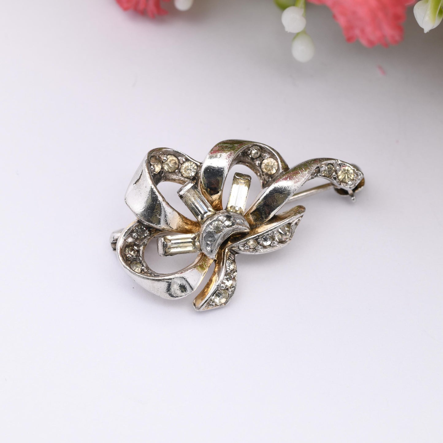 Vintage Rhinestone Paste Bow Brooch - Mid-Century Pretty Twisted Design | Made in England | Sweet Jewellery Gift for Her | Silver Tone