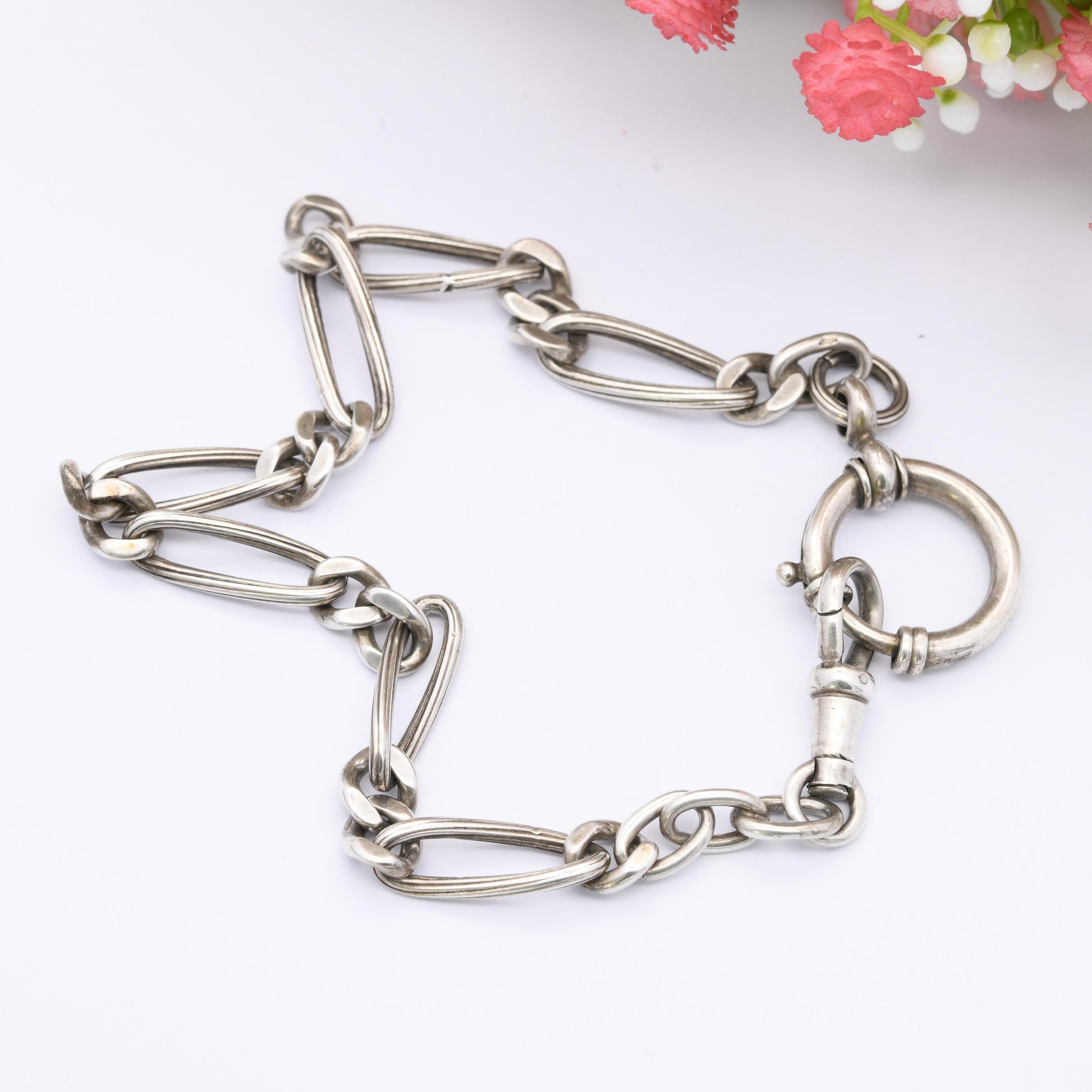 Antique European Silver Albert Chain Trombone Link - with Dog Clip Large Spring Ring Clasp | .800 Silver Fancy Link Chain