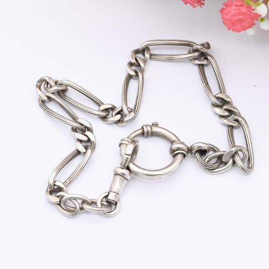 Antique European Silver Albert Chain Trombone Link - with Dog Clip Large Spring Ring Clasp | .800 Silver Fancy Link Chain