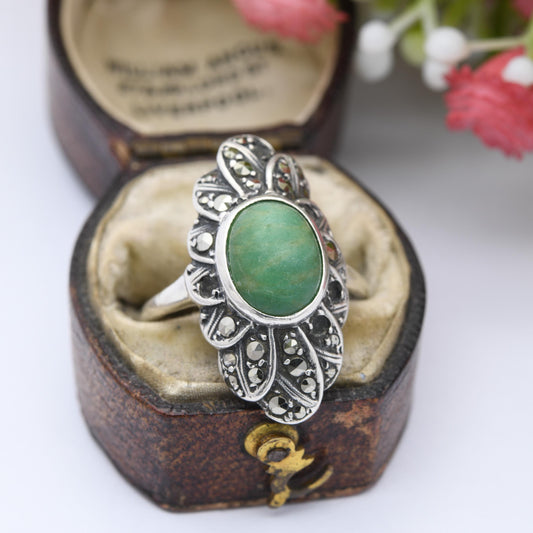 Vintage European Silver Marcasite Ring - Flower Petal Design Art Deco Style Oval Cabochon Green Stone Statement | UK Size - O | US Size - 7