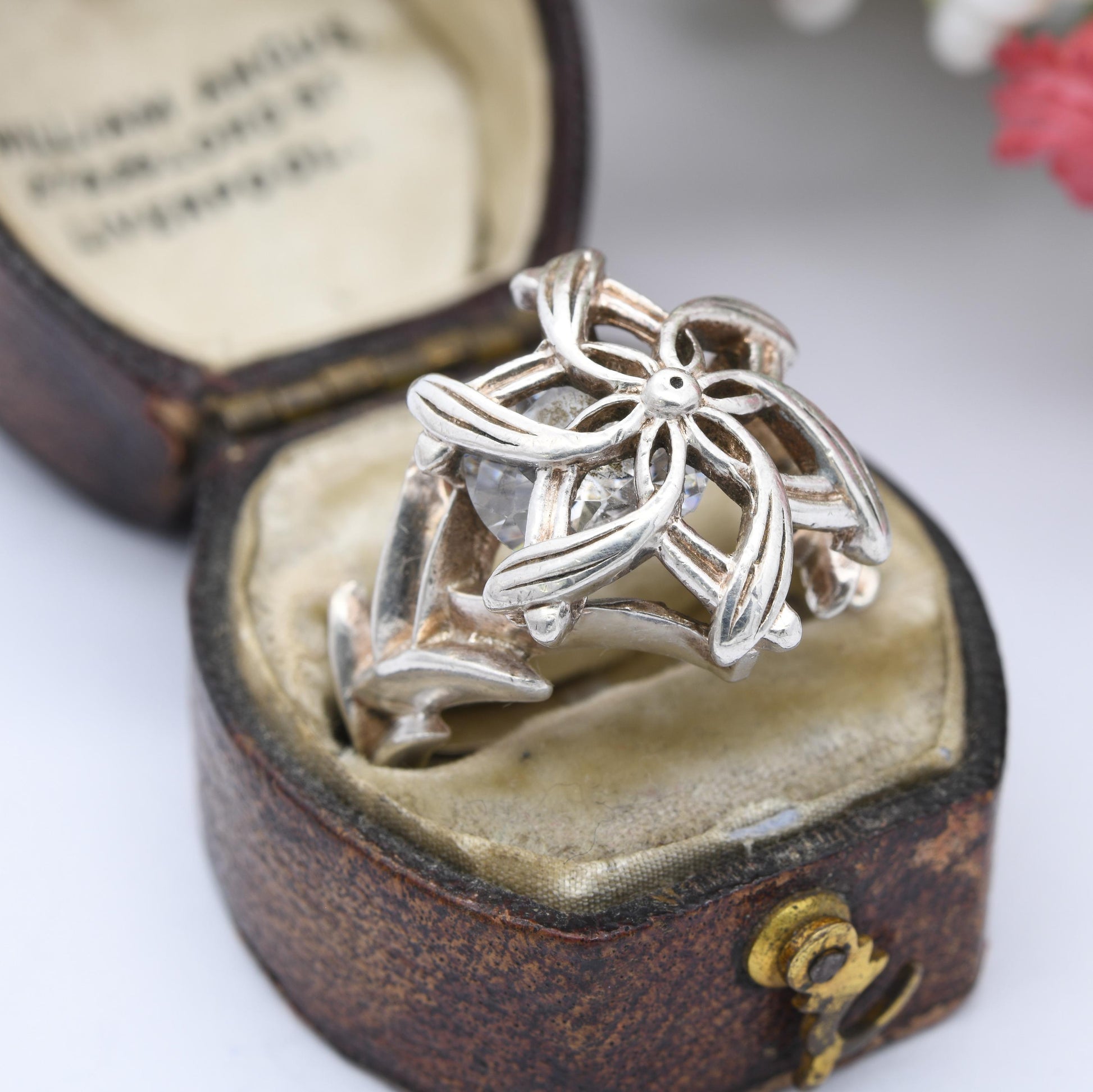 Nenya Galadriel's Ring Sterling Silver Chunky Flower Ring - Lord of the Rings White Stone Pretty Elven Ring | UK Size - N | US Size - 6 1/2