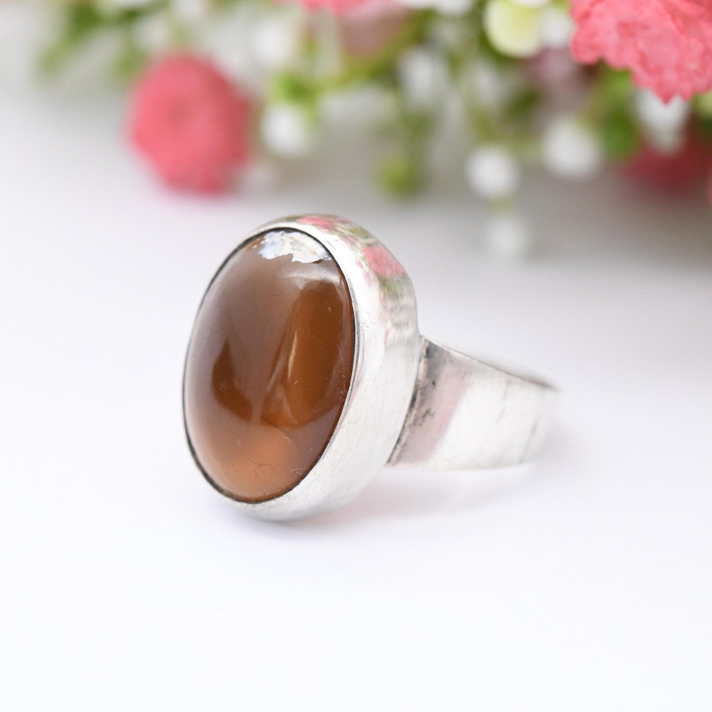 Vintage Silver Translucent Brown Gemstone Ring - Chunky Mid-Century Modernist | Cabochon Stone Statement | UK Size - L | US Size - 5 3/4