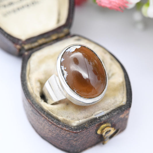 Vintage Silver Translucent Brown Gemstone Ring - Chunky Mid-Century Modernist | Cabochon Stone Statement | UK Size - L | US Size - 5 3/4