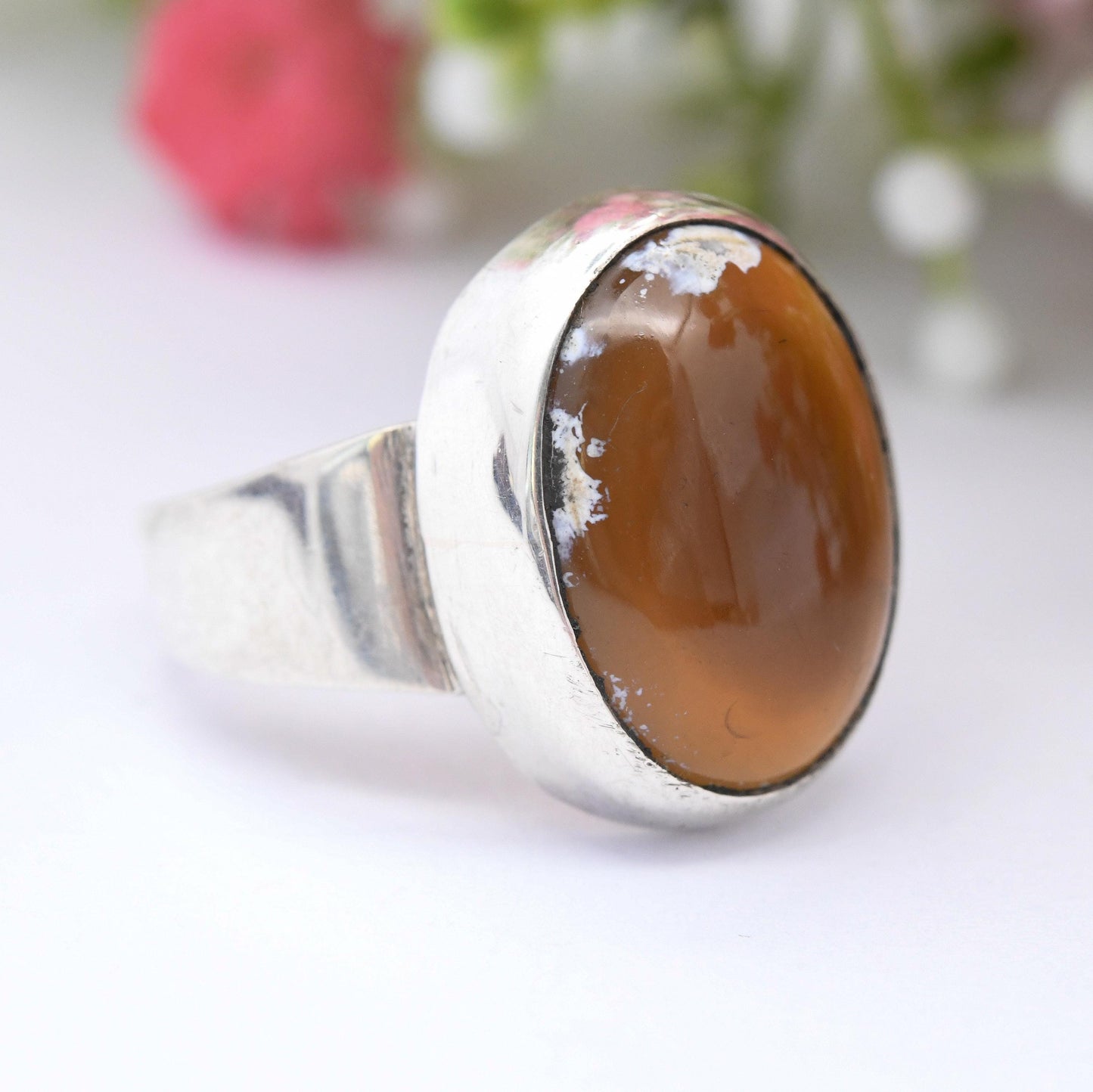 Vintage Silver Translucent Brown Gemstone Ring - Chunky Mid-Century Modernist | Cabochon Stone Statement | UK Size - L | US Size - 5 3/4