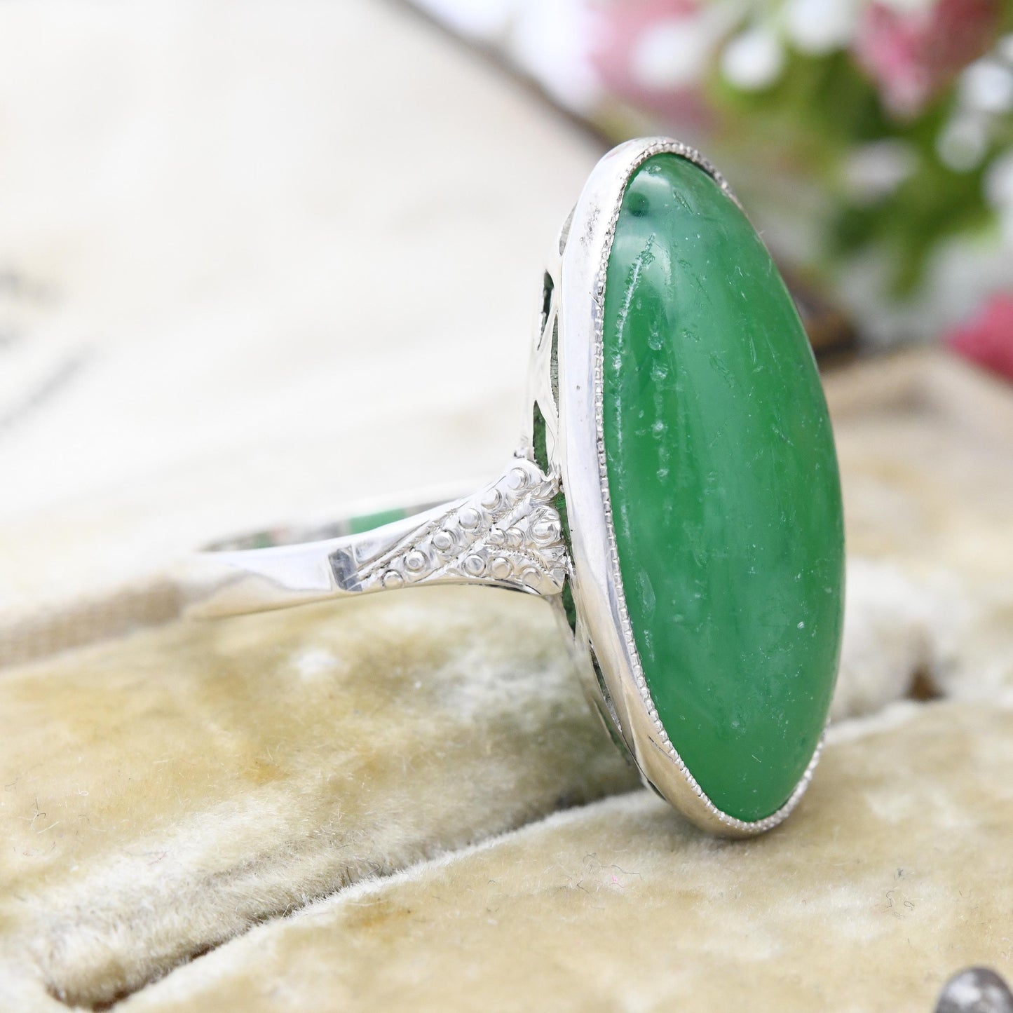 Vintage Silver Chrysoprase Statement Ring - Milgrain Large Cabochon Apple Green Gemstone | UK Size - T | US Size - 9 3/4