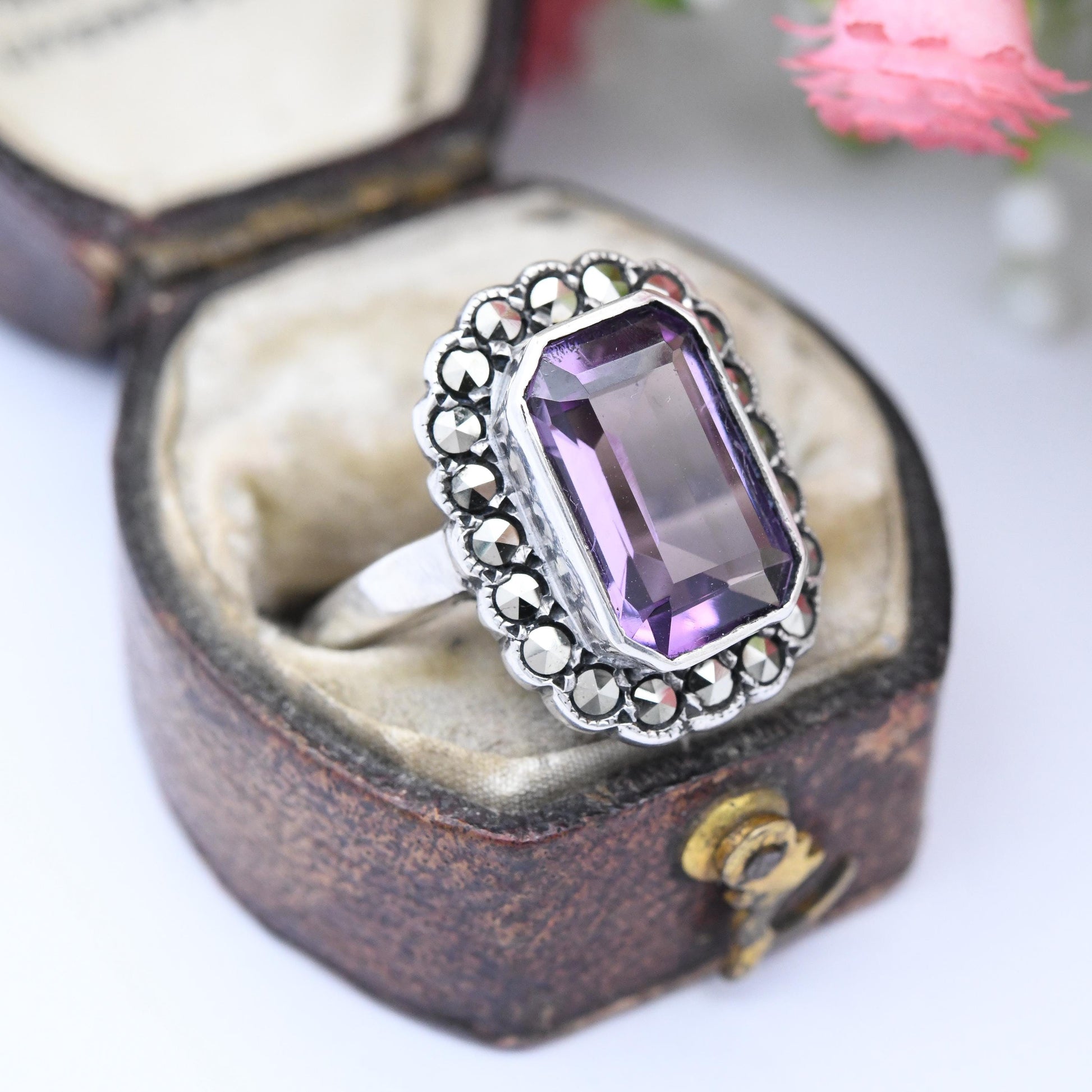 Vintage Sterling Silver Amethyst and Marcasite Statement Ring - Cocktail Large Purple Stone Floral Halo | UK Size - L 1/2 | US Size - 6