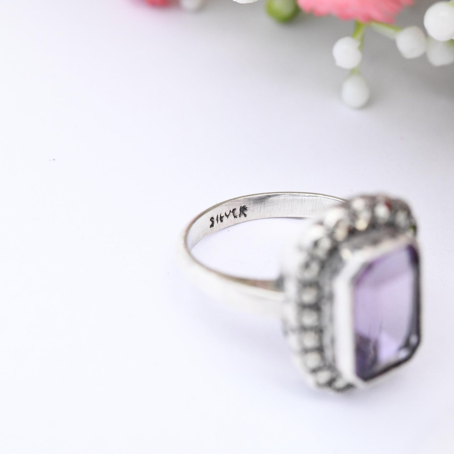 Vintage Sterling Silver Amethyst and Marcasite Statement Ring - Cocktail Large Purple Stone Floral Halo | UK Size - L 1/2 | US Size - 6