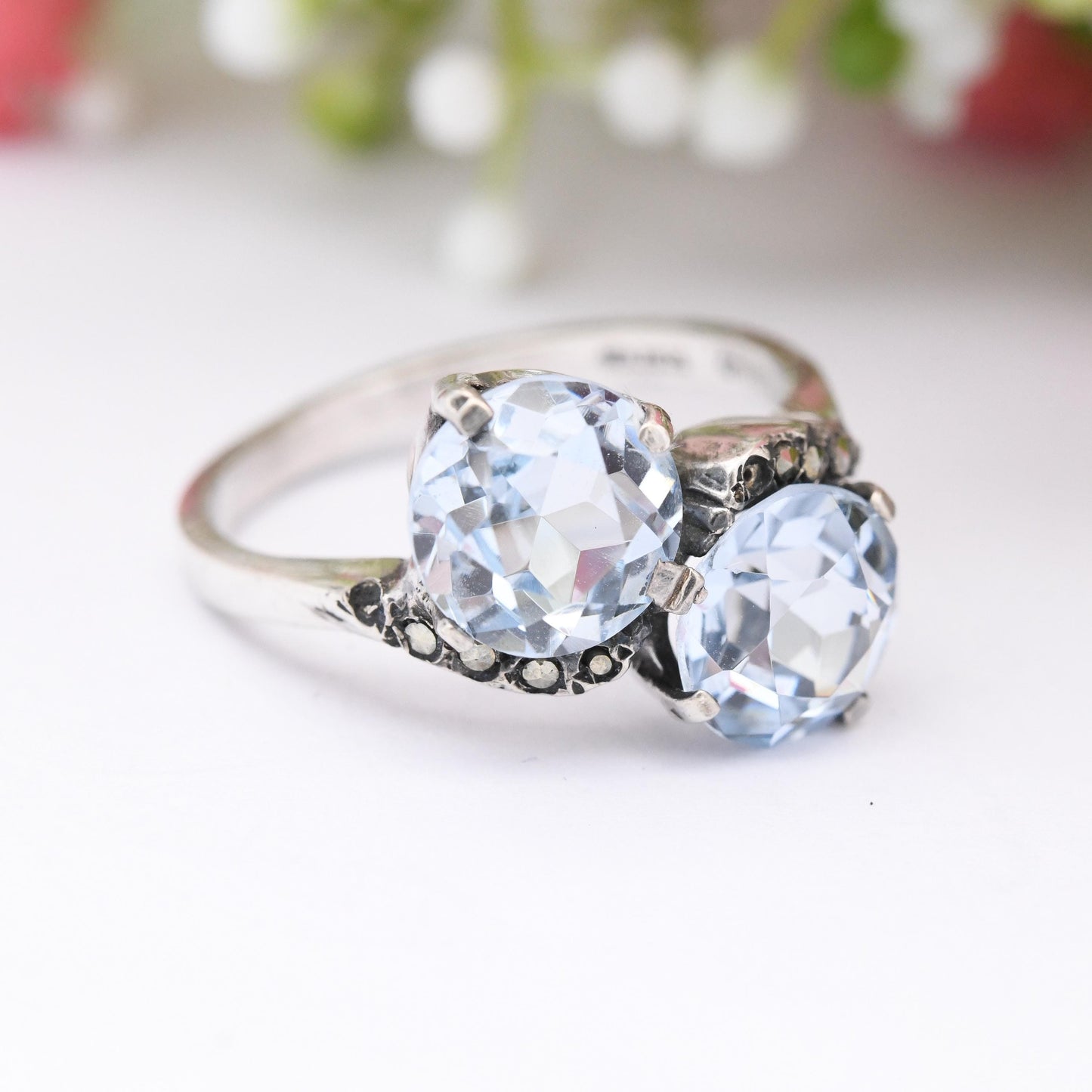 Vintage Sterling Silver Toi Et Moi Ring - Blue Stone Marcasite True Vintage Statement Art Deco Cocktail 1940 | UK Size - N | US Size - 6 3/4