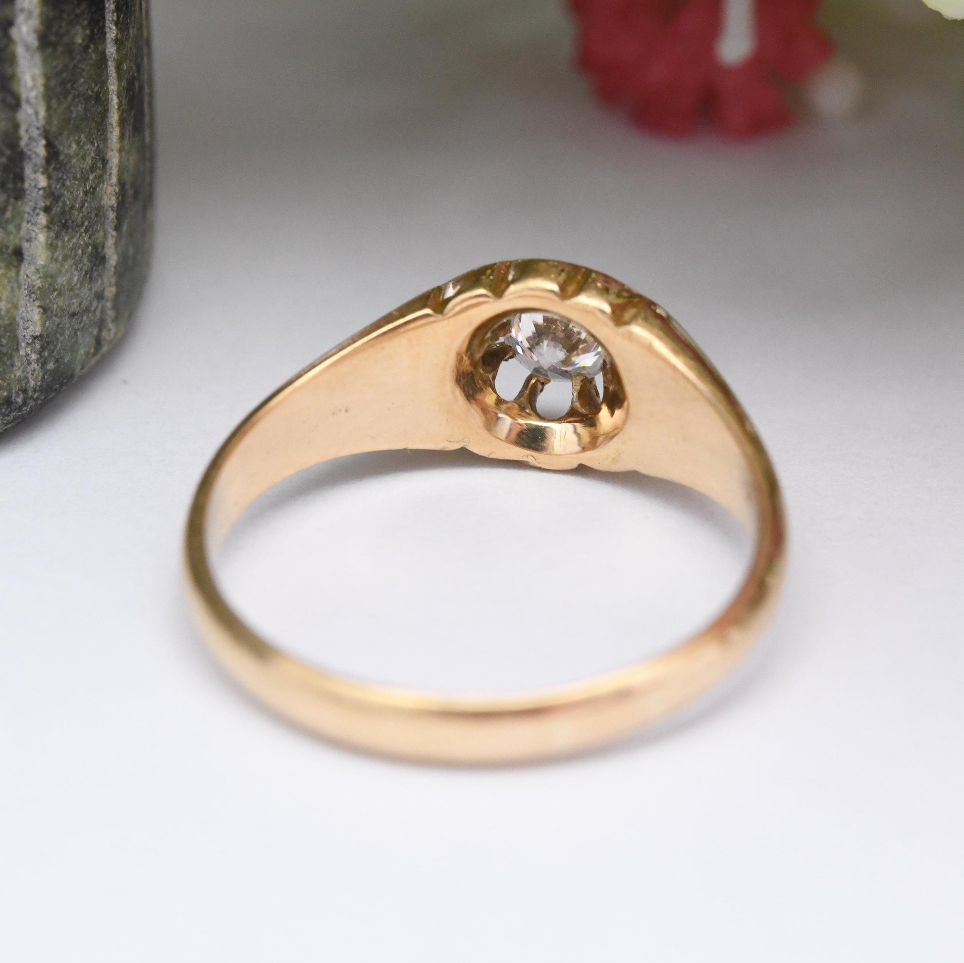 Antique Edwardian 18ct Gold Solitaire Gypsy Ring 1907 - Large Clear Stone | Claw Set | UK Size - N 1/2 | US Size - 7