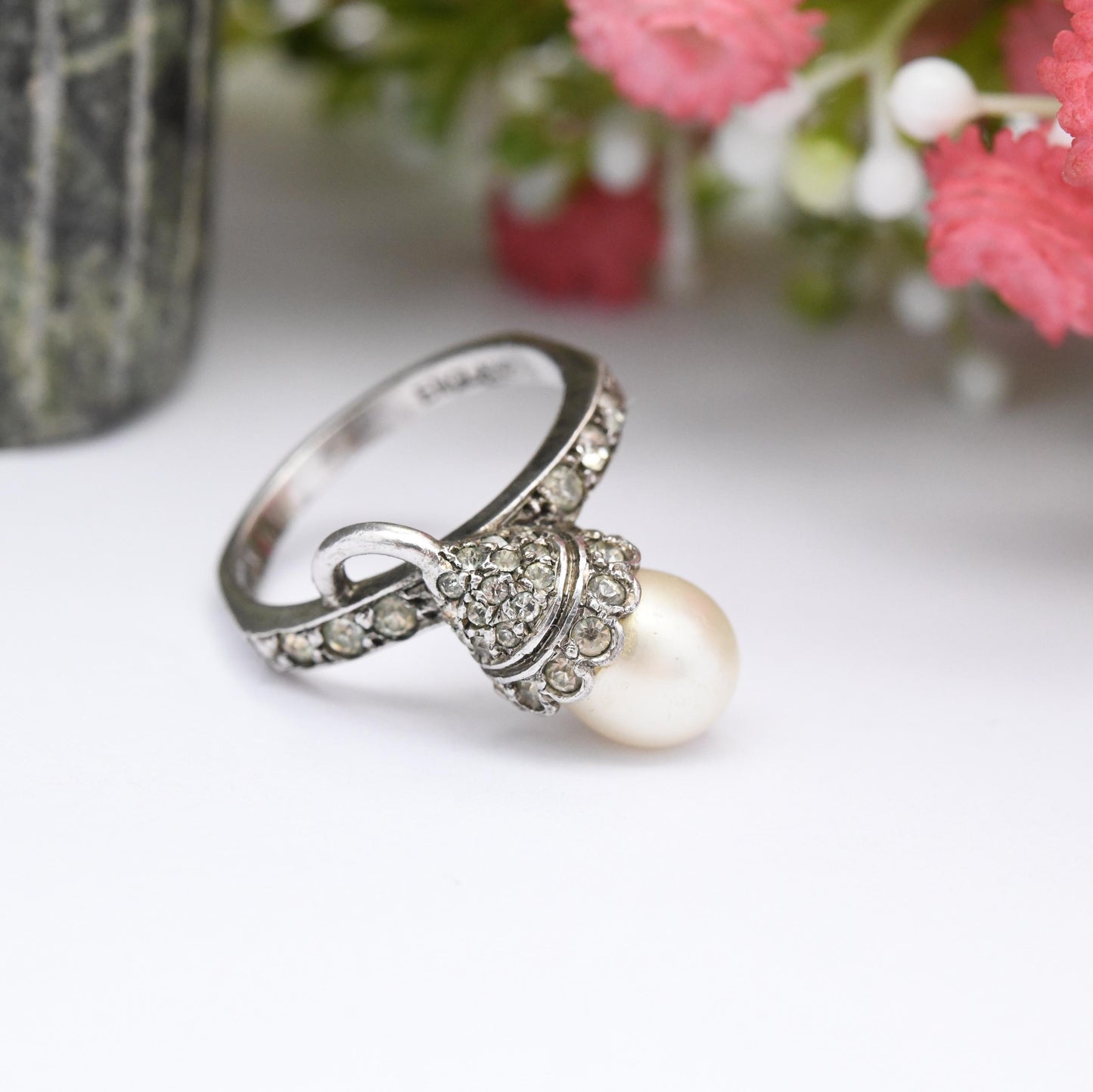 Vintage Art Deco Ciro Sterling Silver Faux Pearl Ring with Paste - SCP Ciro Pearls Crossover Ring | UK Size - L | US Size - 5 3/4