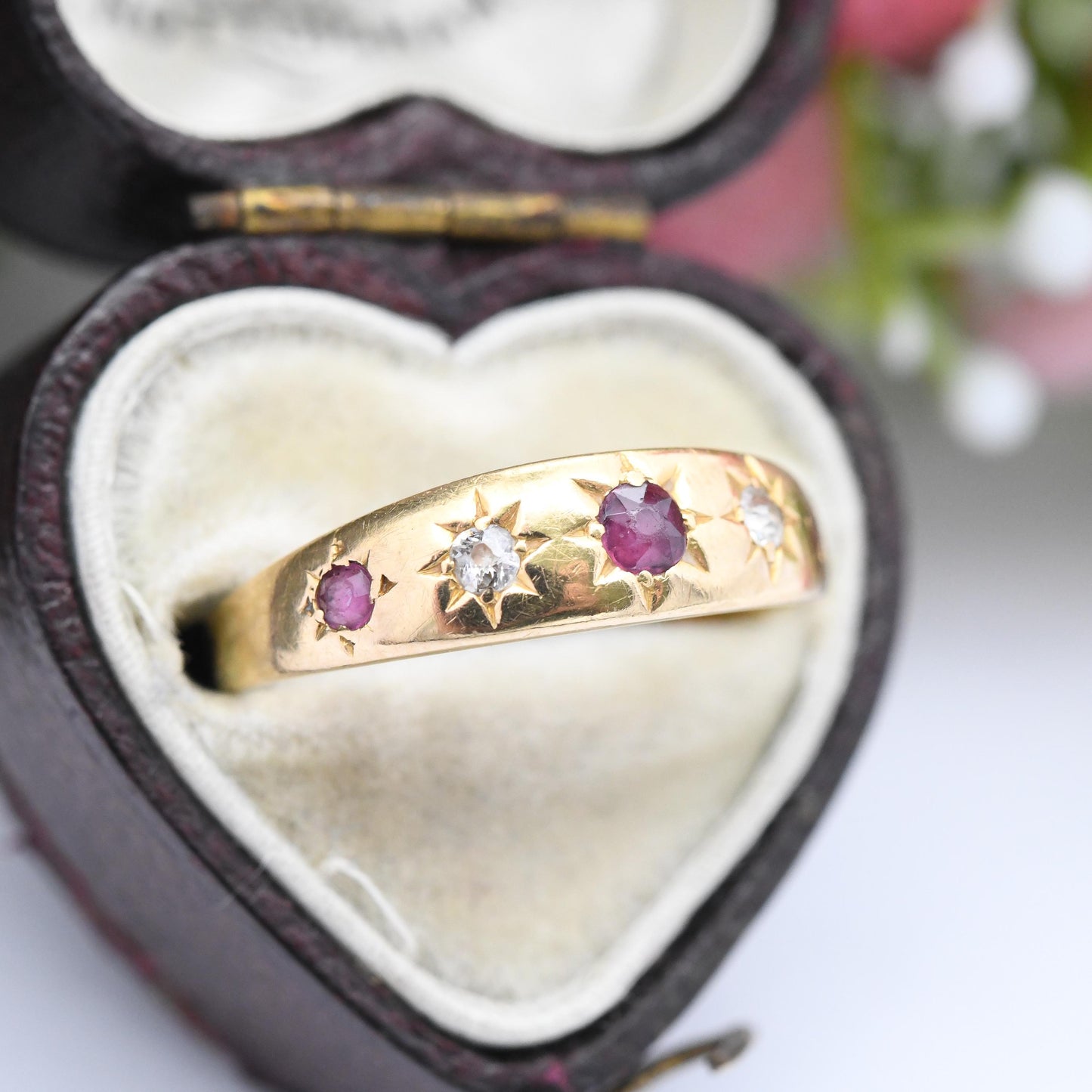 Antique 18ct Gold Ruby Diamond Gypsy Ring Five Stones - Edwardian Engagement Ring | Star Setting Flush Mount | UK Size - P | US Size - 7 3/4