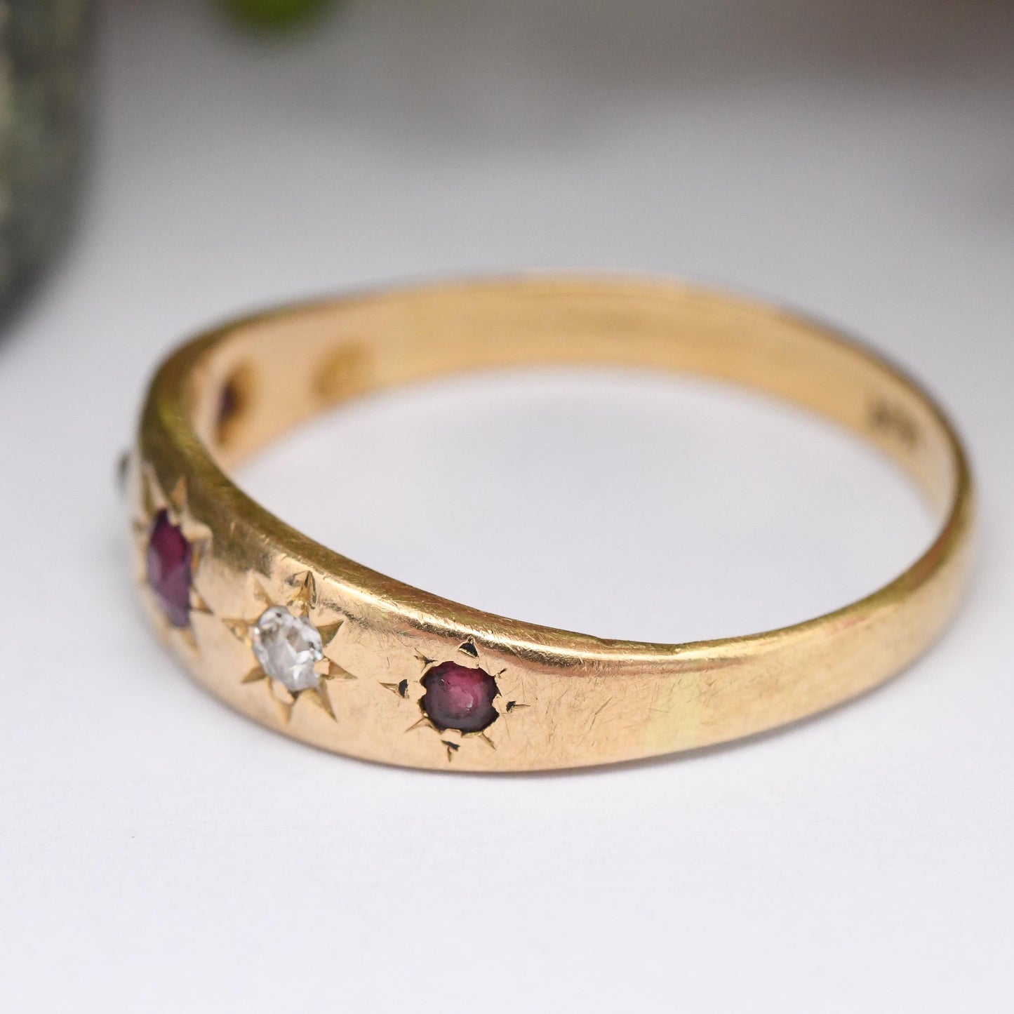 Antique 18ct Gold Ruby Diamond Gypsy Ring Five Stones - Edwardian Engagement Ring | Star Setting Flush Mount | UK Size - P | US Size - 7 3/4