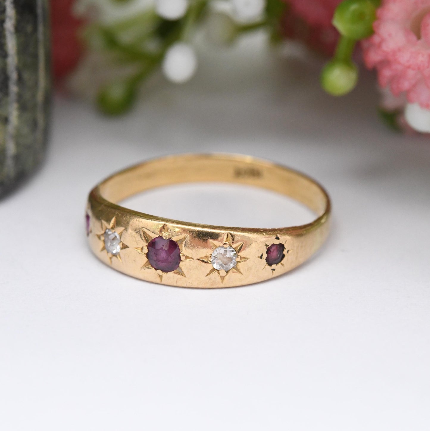 Antique 18ct Gold Ruby Diamond Gypsy Ring Five Stones - Edwardian Engagement Ring | Star Setting Flush Mount | UK Size - P | US Size - 7 3/4