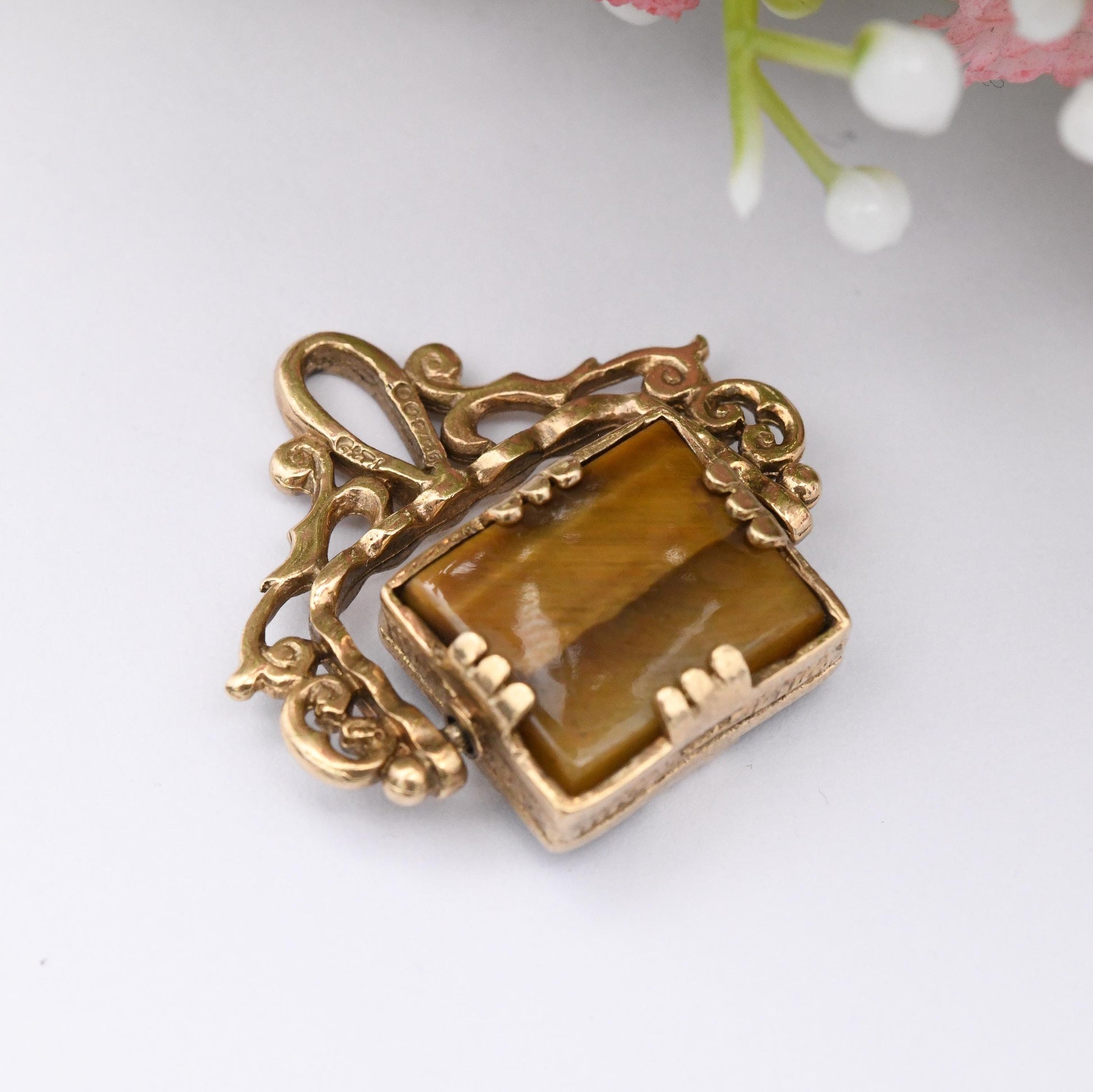 Vintage 9ct Gold Spinner Fob Pendant 1972 - Antique Style Miniature Gemstone Watch Fob Charm Ornate | Brown Tiger's Eye Black Onyx