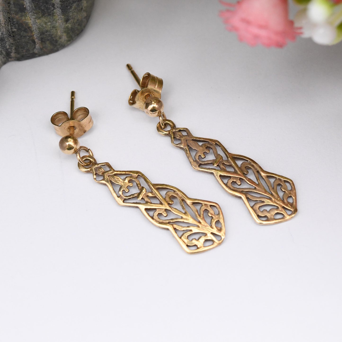 Vintage 9ct Gold Dangle Drop Stud Earrings 1998 - Ornate Openwork Scrolling Design | Butterfly Backs | Pretty Solid Gold Gift for Her